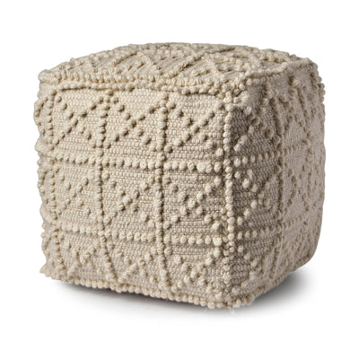 Mercana Leroy Square Cream Wool Pouf w/ Popcorn Detail