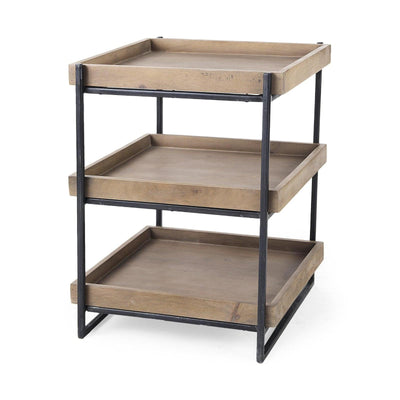 Mercana Trey Square Medium Brown Wooden Three-Tiered Black Iron Frame End/Side Table