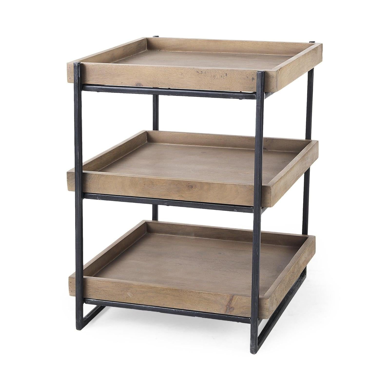Mercana Trey Square Medium Brown Wooden Three-Tiered Black Iron Frame End/Side Table