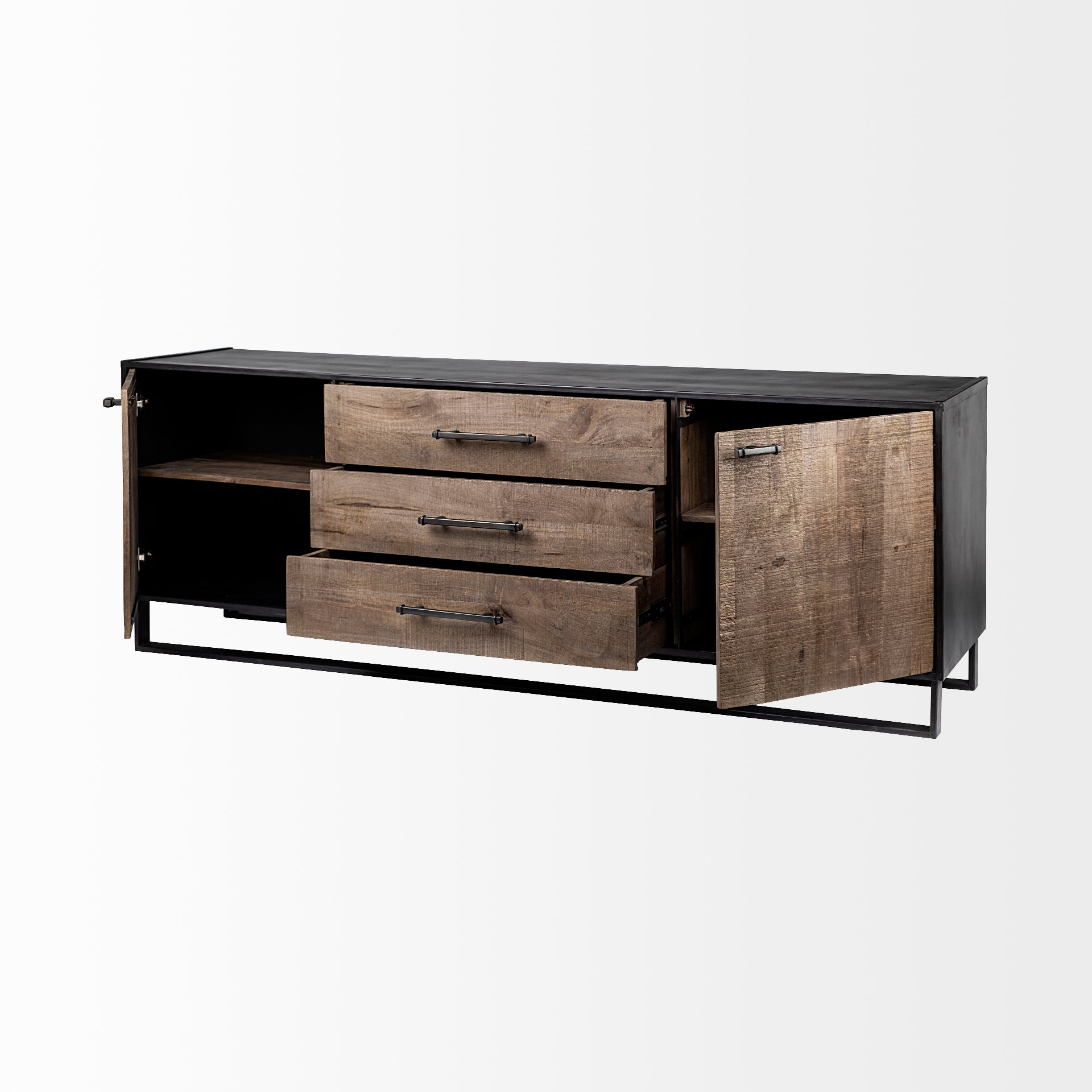 Mercana Alvin  Brown Solid Wood With Black Metal Frame 3 Drawer 2 Cabinet Door Sideboard
