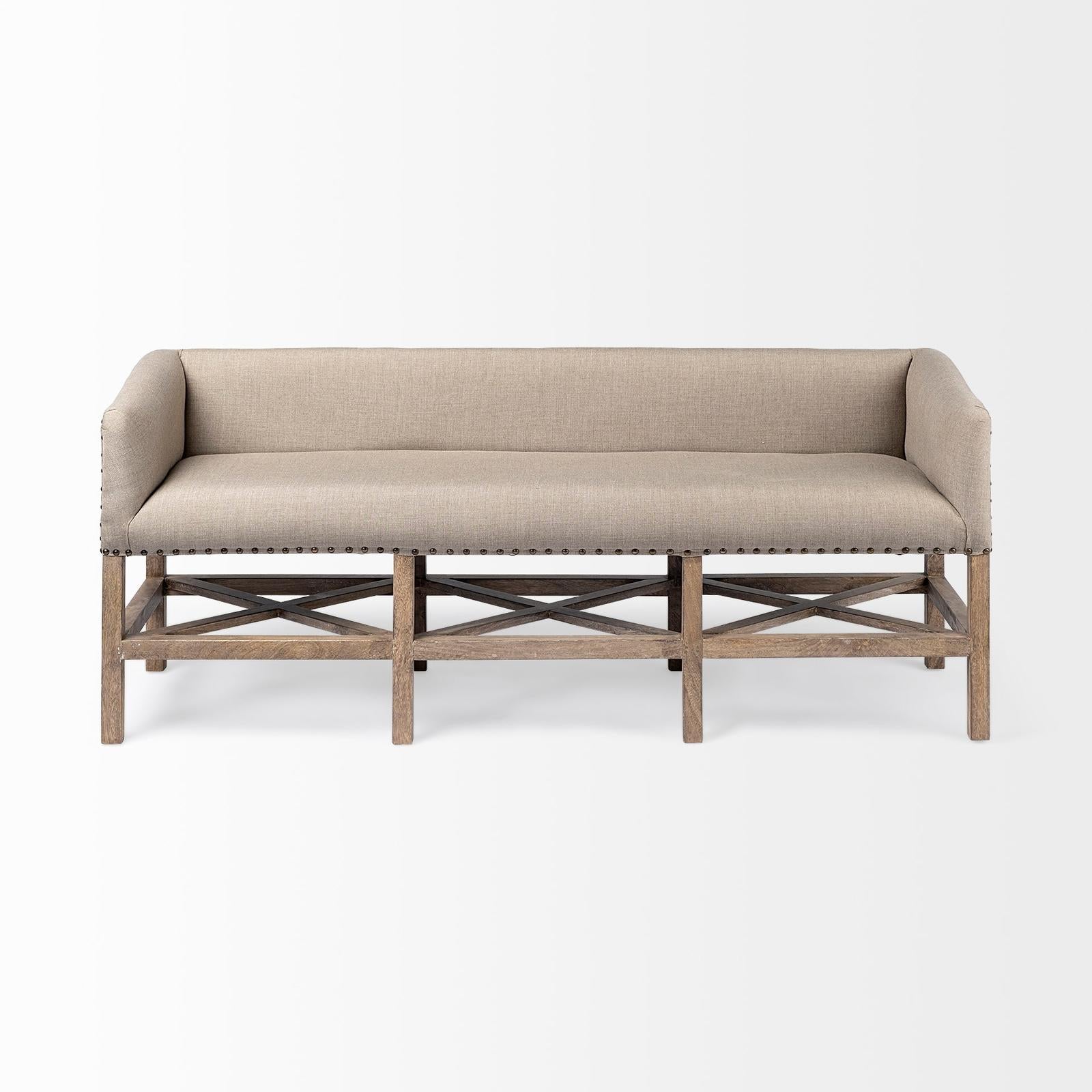 Mercana Bergen Beige Fabric Covered Seat W/Brown Wood Frame Accent Bench Clearance