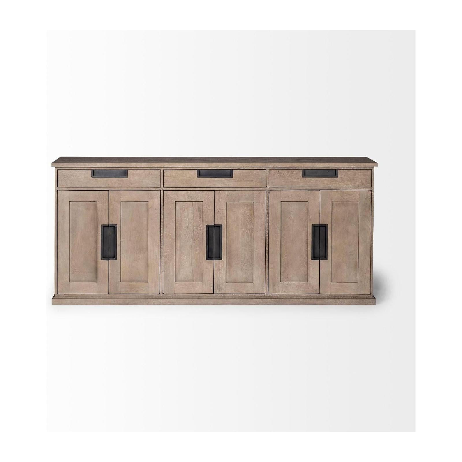 Mercana Braxton Natural Brown Solid Wood 3 Drawer 6 Door Sideboard