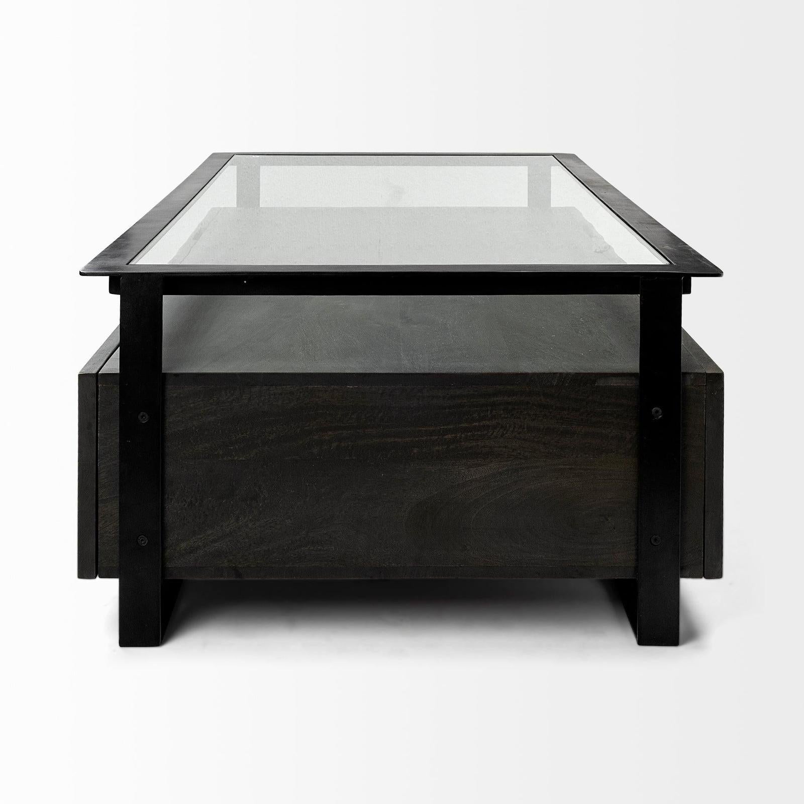Mercana Vidro Rectangular Glass Top Black Solid Wood Drawers & Black Frame Coffee Table Clearance