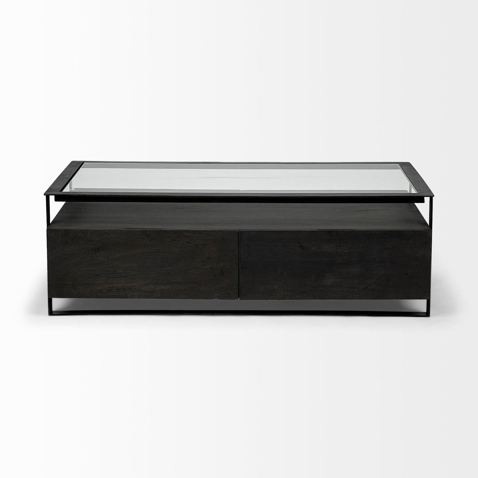 Mercana Vidro Rectangular Glass Top Black Solid Wood Drawers & Black Frame Coffee Table Clearance