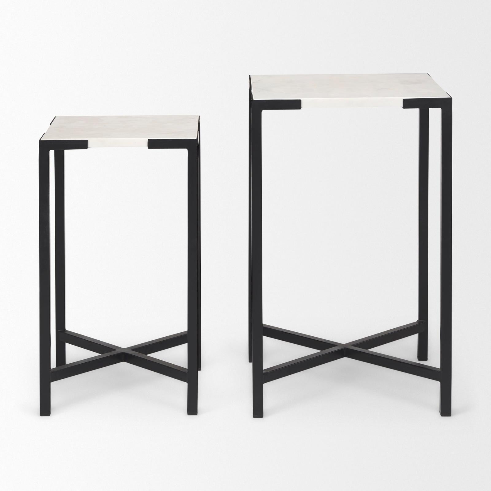 Mercana Lucas White Marble W/Black Iron Frame Accent Tables- Set of 2