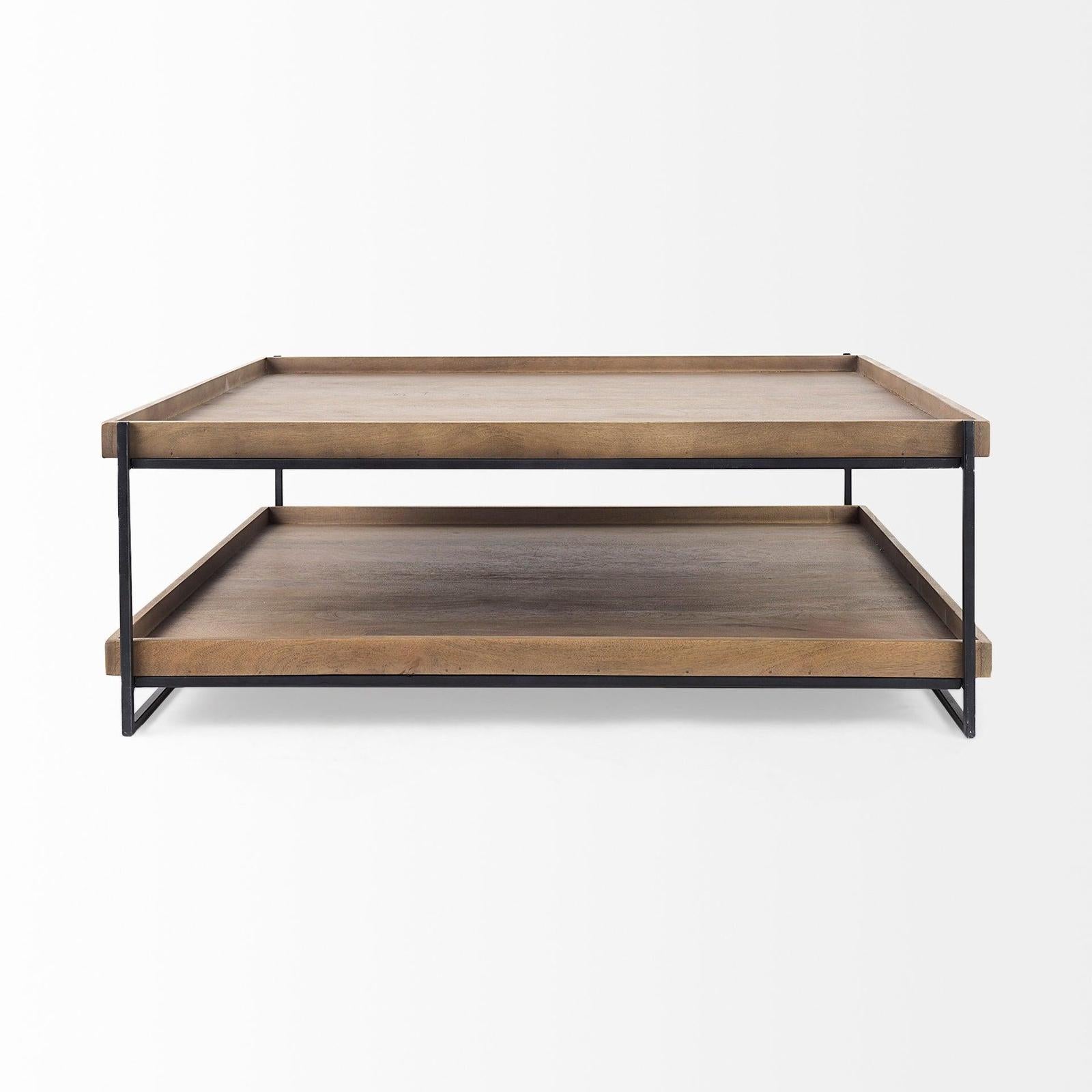 Mercana Trey Rectangular Brown Solid Wood Top Table Black Metal Frame Two-Tier Coffee Table