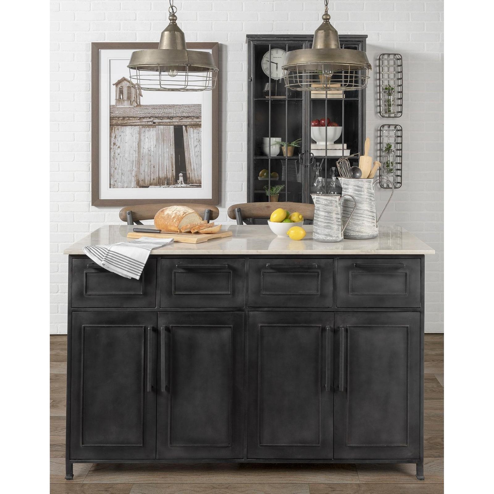 Mercana Fieri Solid Iron Black Body White Marble Top Four Drawer Kitchen Island