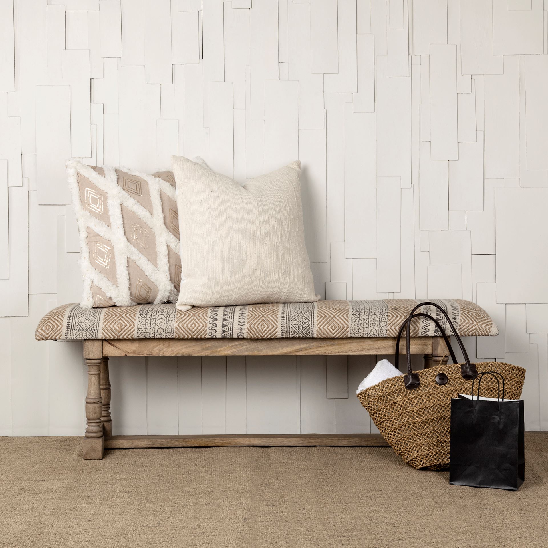 Mercana Greenfield II Patterned Tan Upholstered Wood Frame Accent Bench