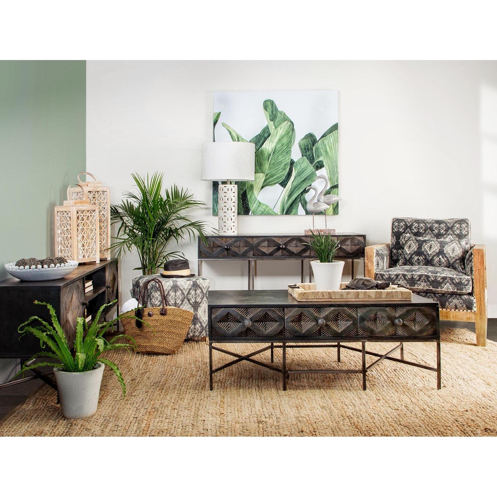 Mercana Hogarth Rectangular Brown Solid Wood Top Iron Metal Base w/6 Drawers Coffee Table Clearance