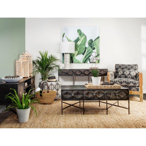 Mercana Hogarth Rectangular Brown Solid Wood Top Iron Metal Base w/6 Drawers Coffee Table Clearance