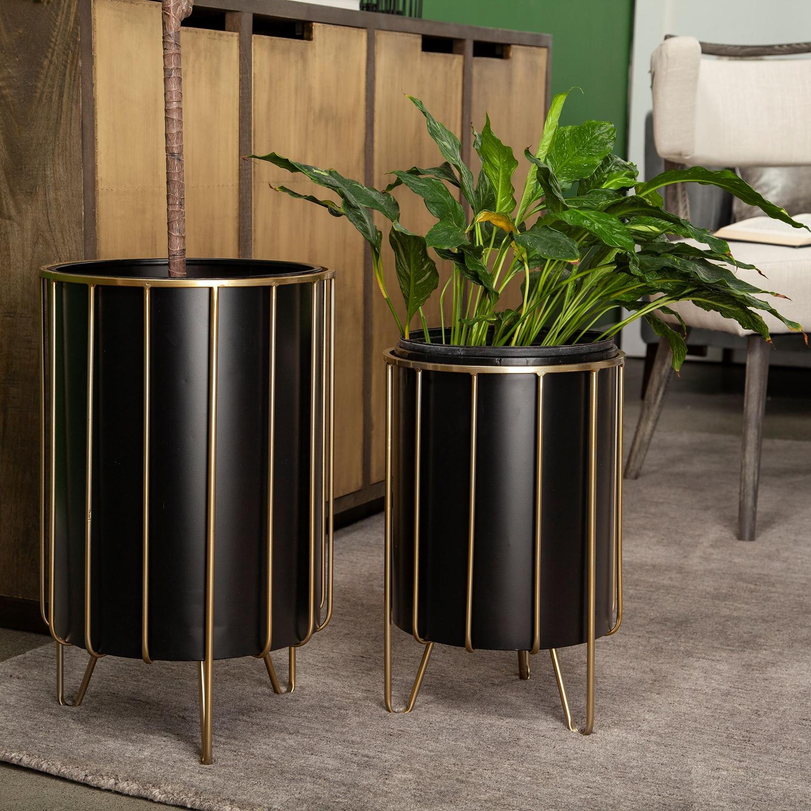 Mercana Pianta Black Metal Insert Brass Frame Plant Stands - Set of 2