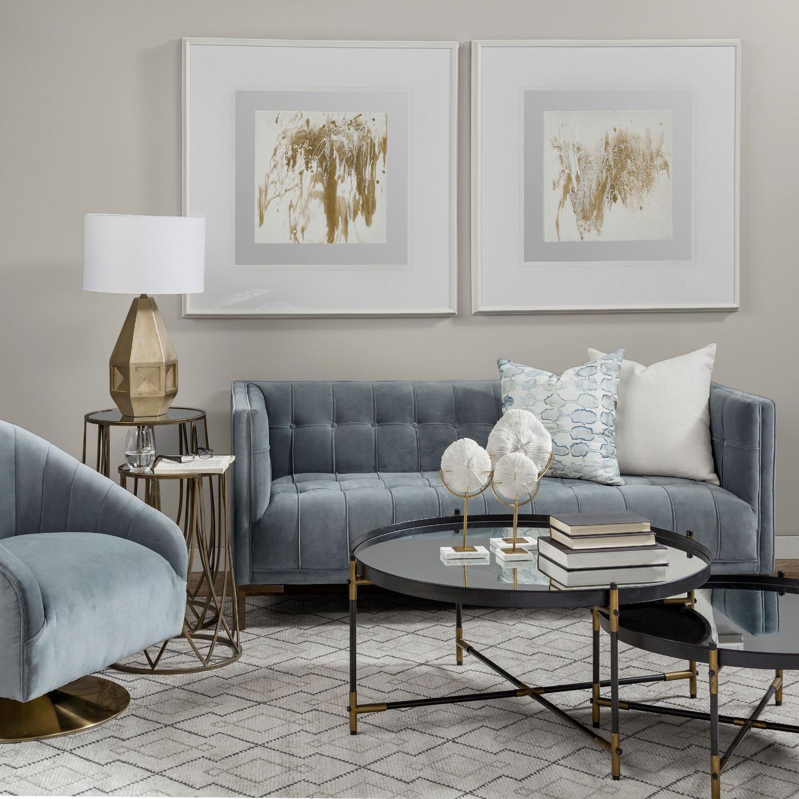 Mercana James II Gray Blue Velvet Covered Seat w Gold Swivel Base Accent Chair Clearance