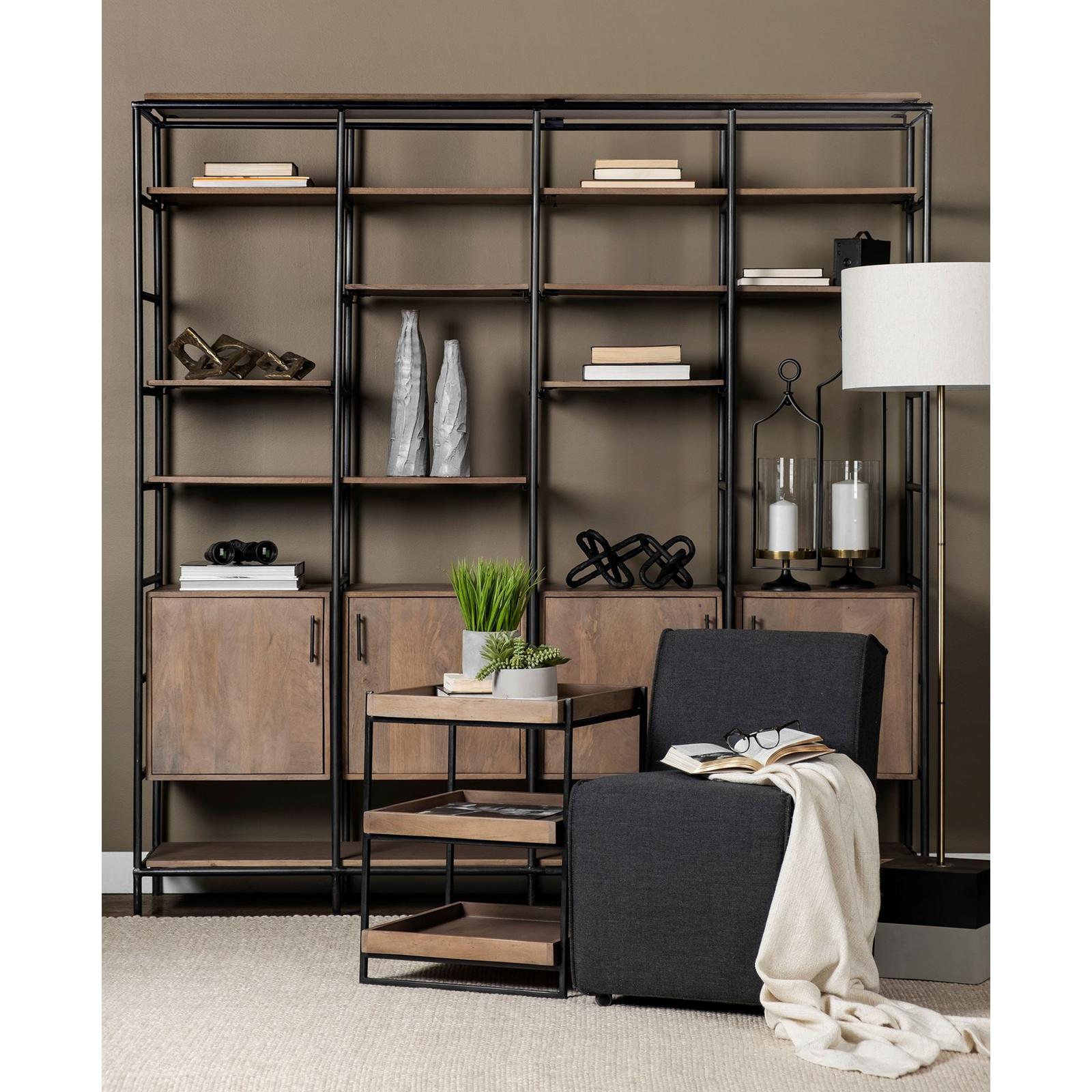 Mercana Trey Square Medium Brown Wooden Three-Tiered Black Iron Frame End/Side Table