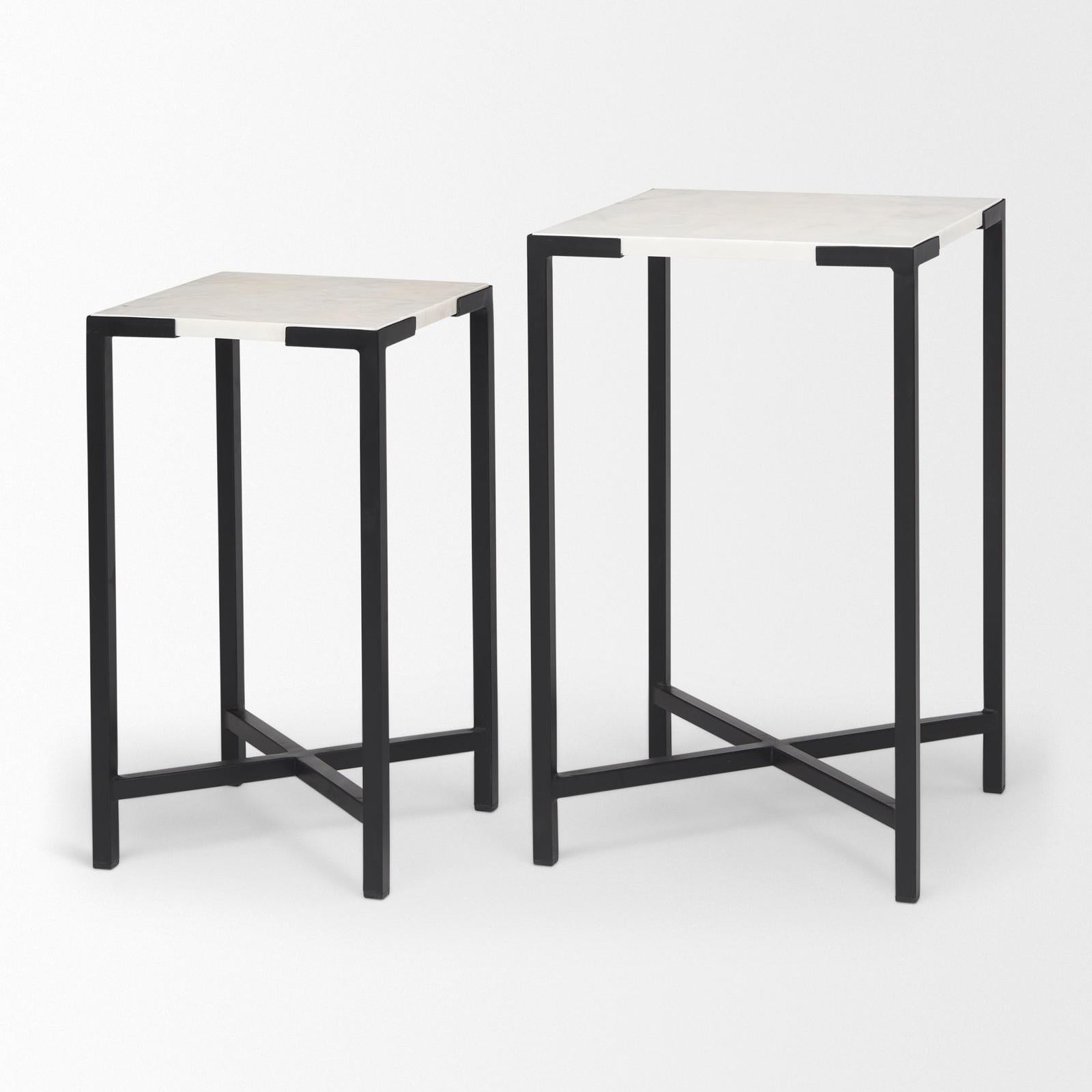 Mercana Lucas White Marble W/Black Iron Frame Accent Tables- Set of 2