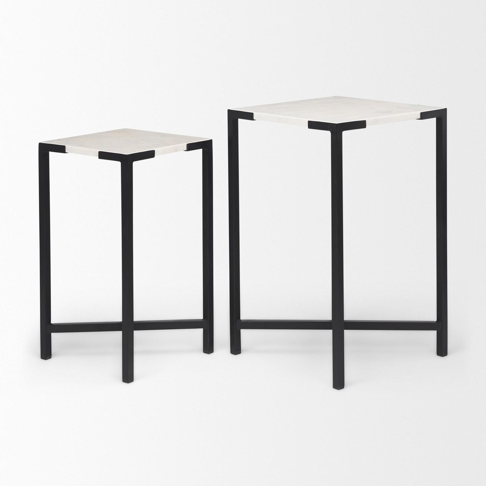 Mercana Lucas White Marble W/Black Iron Frame Accent Tables- Set of 2