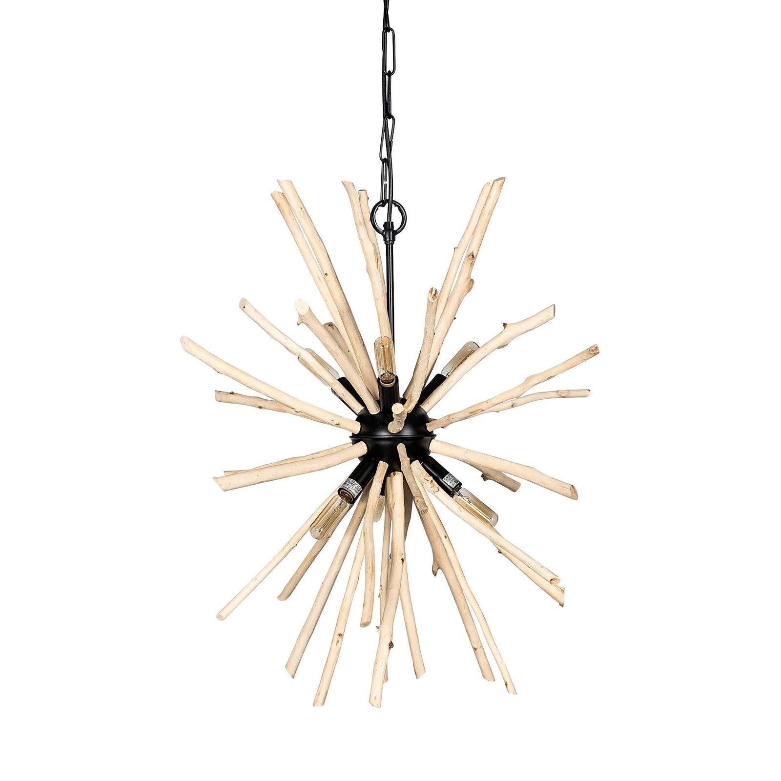 Mercana Jules Blonde Wood and Black Metal Six Bulb Chandelier Light Clearance