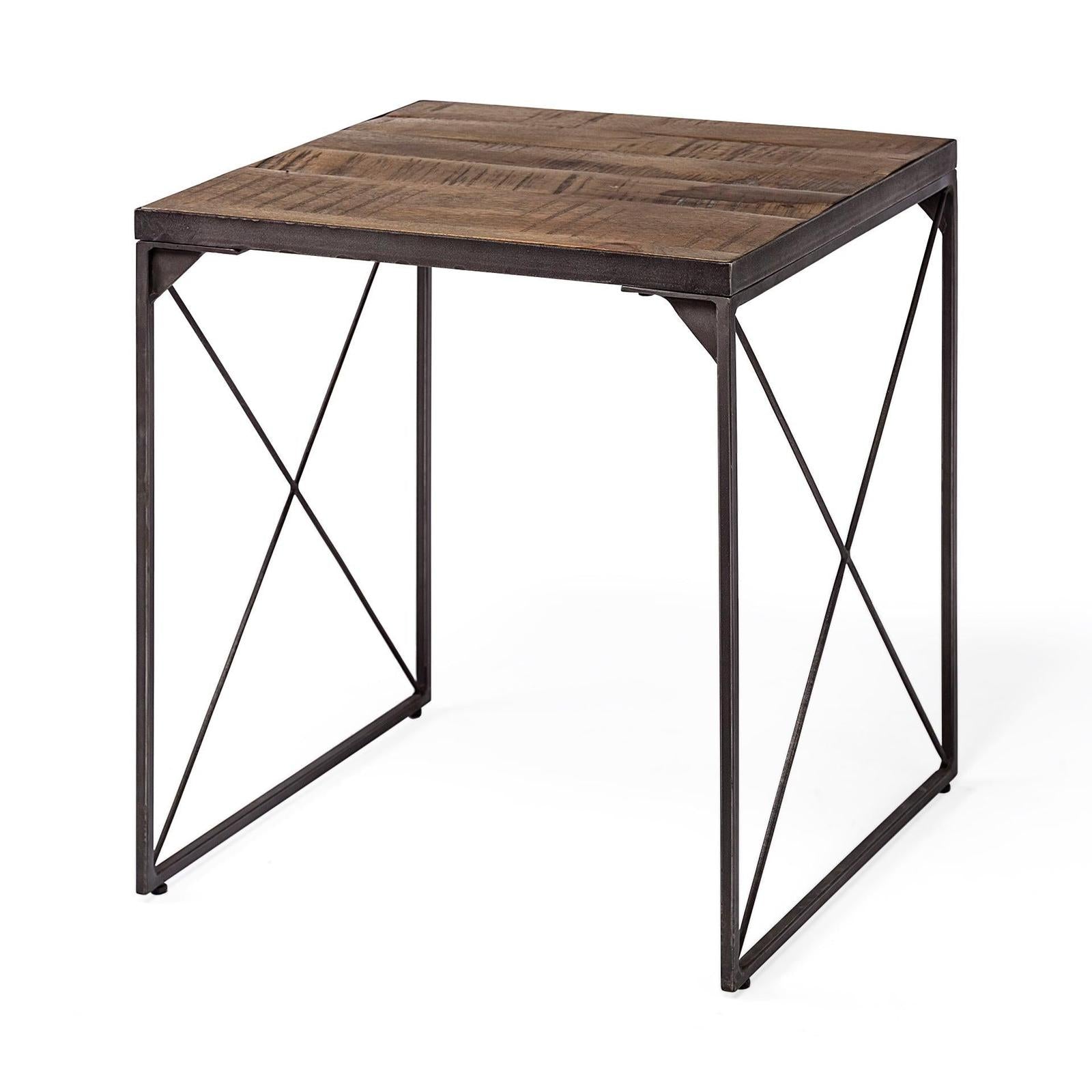 Mercana Trestman Square Top Medium Brown Wood and Iron Cross Braced End/Side Table Clearance