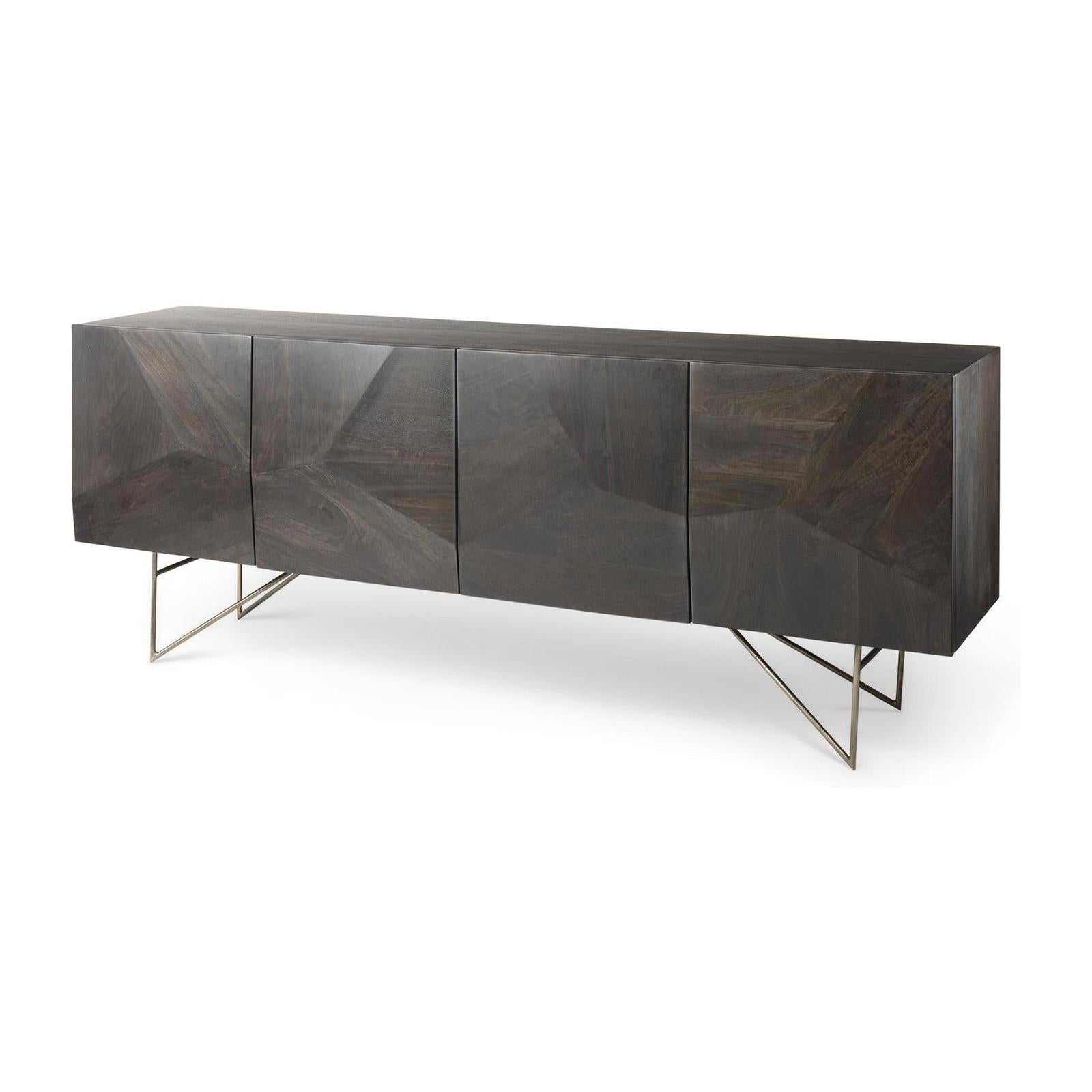 Mercana Darwin Brown Solid Wood Gold Metal Base 4 Cabinet Door Sideboard