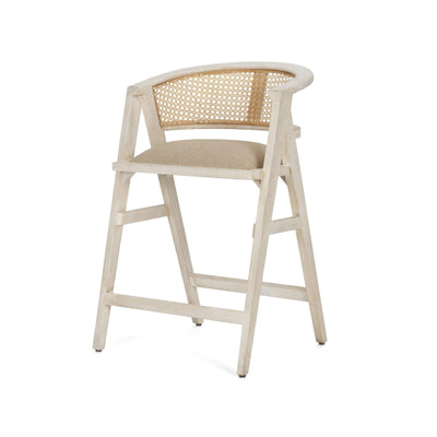 Mercana Tabitha 26.75" Seat Height Beige Fabric/Rattan Seat Blonde Wood Frame Counter Stool