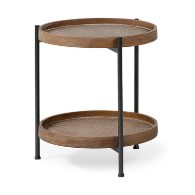Mercana Kade Round Top Natural Brown Wood and Gray Metal Frame Tray-Style End/Side Table Clearance