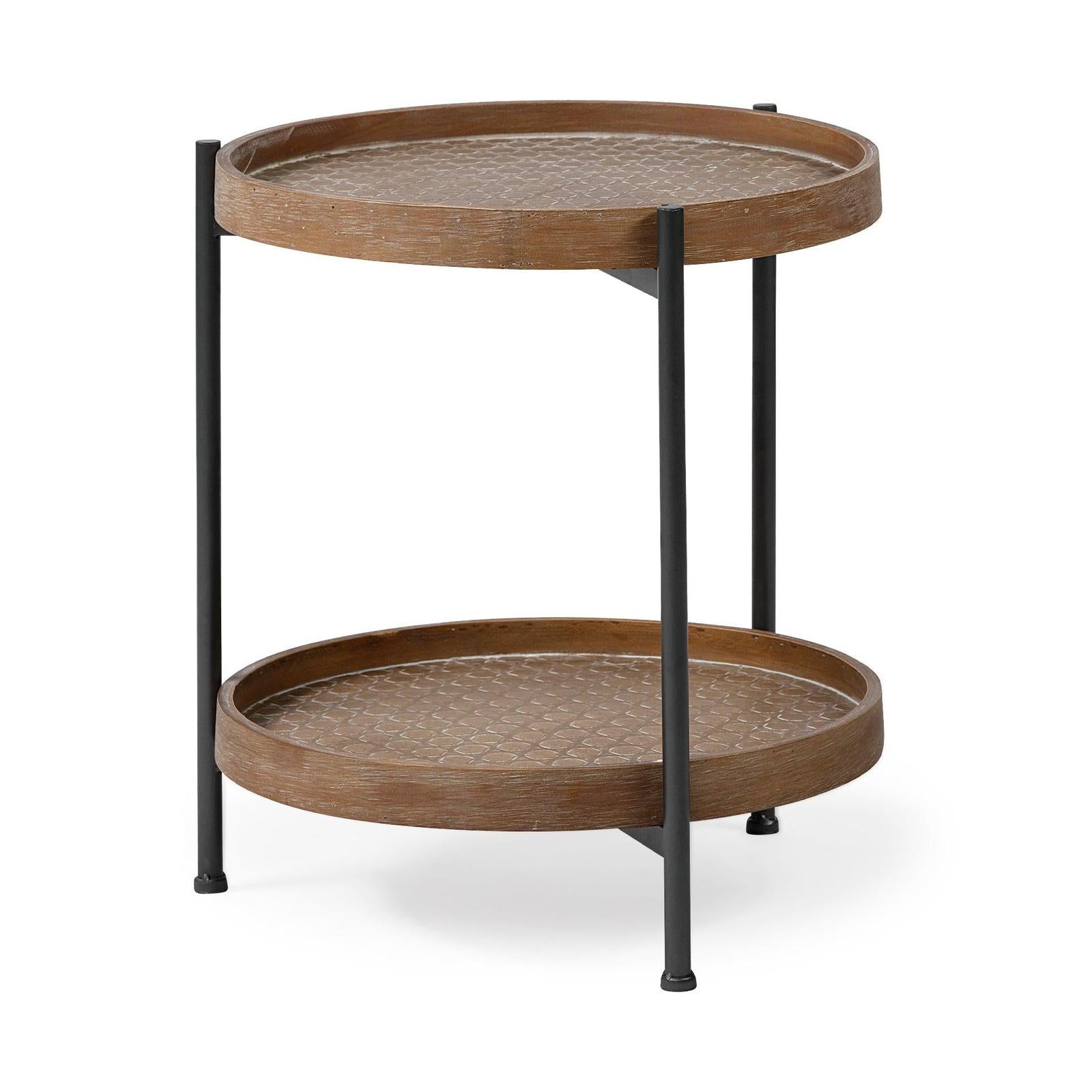 Mercana Kade Round Top Natural Brown Wood and Gray Metal Frame Tray-Style End/Side Table Clearance