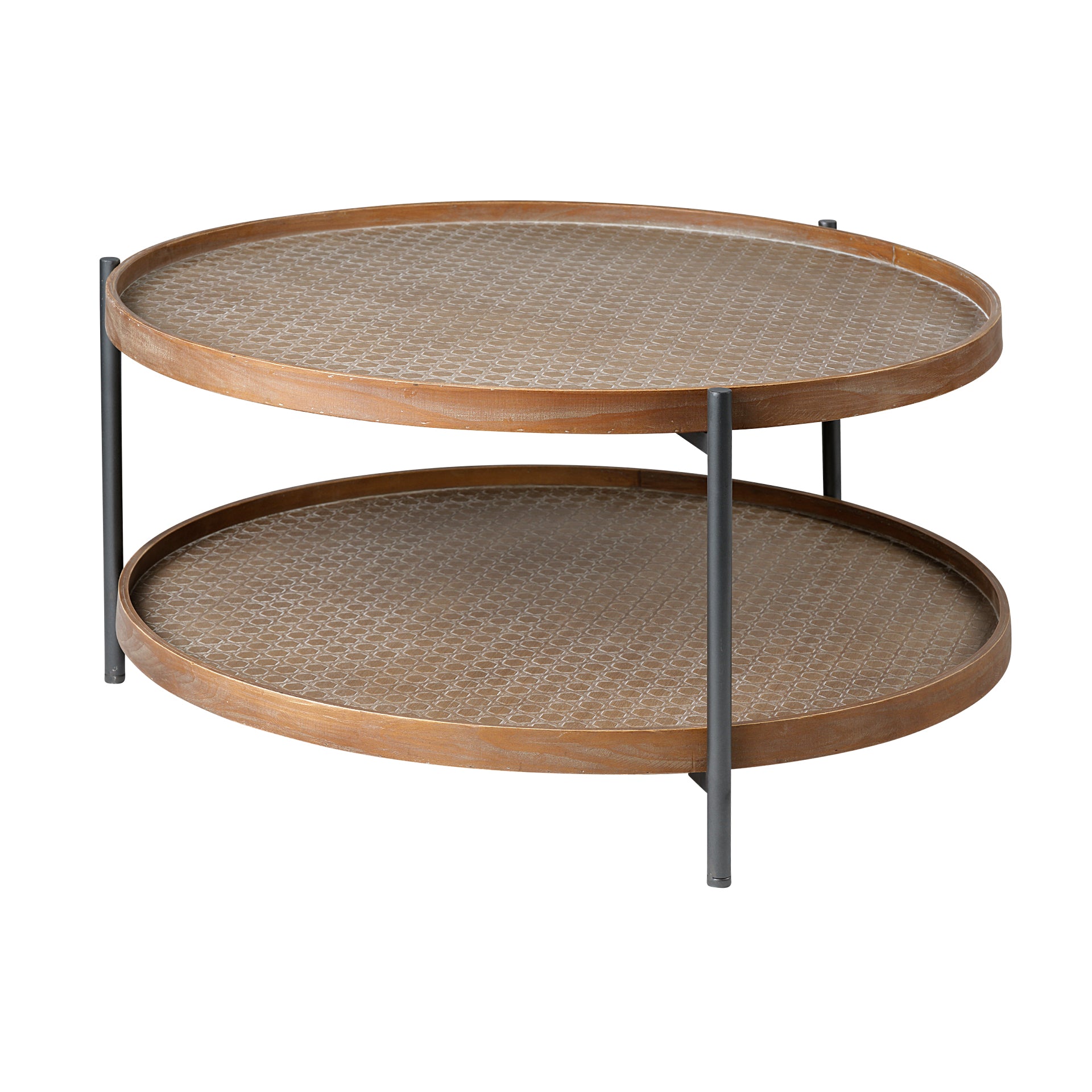 Mercana Kade Round Brown Table Gray Metal Frame Two-Tier Coffee Table