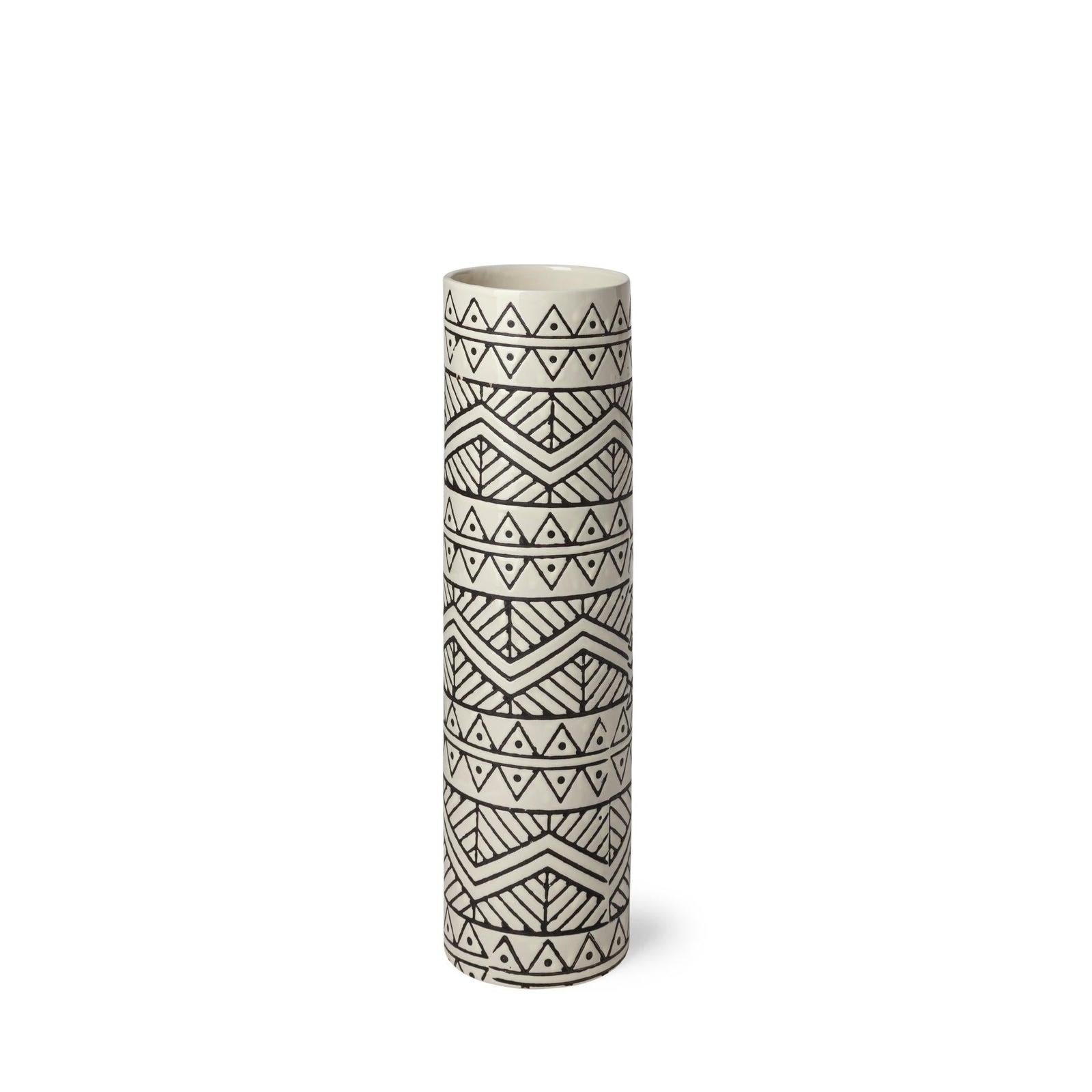 Mercana Uhura Cream Black Patterned Cylindrical Vase Clearance
