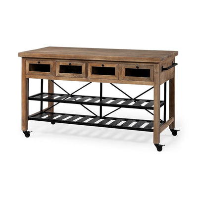 Mercana Stuart I Brown Solid Wood Top Two-Tier Black Metal Rolling Kitchen Island