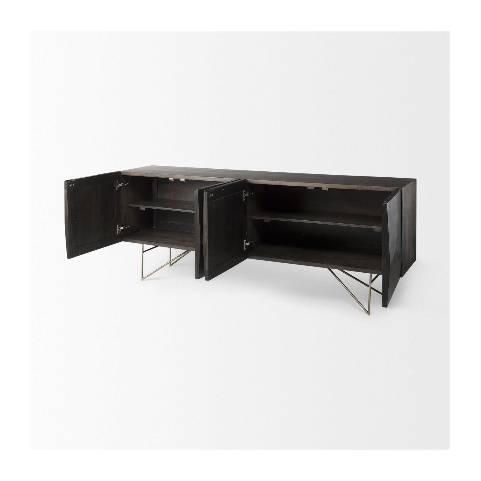 Mercana Darwin Brown Solid Wood Gold Metal Base 4 Cabinet Door Sideboard