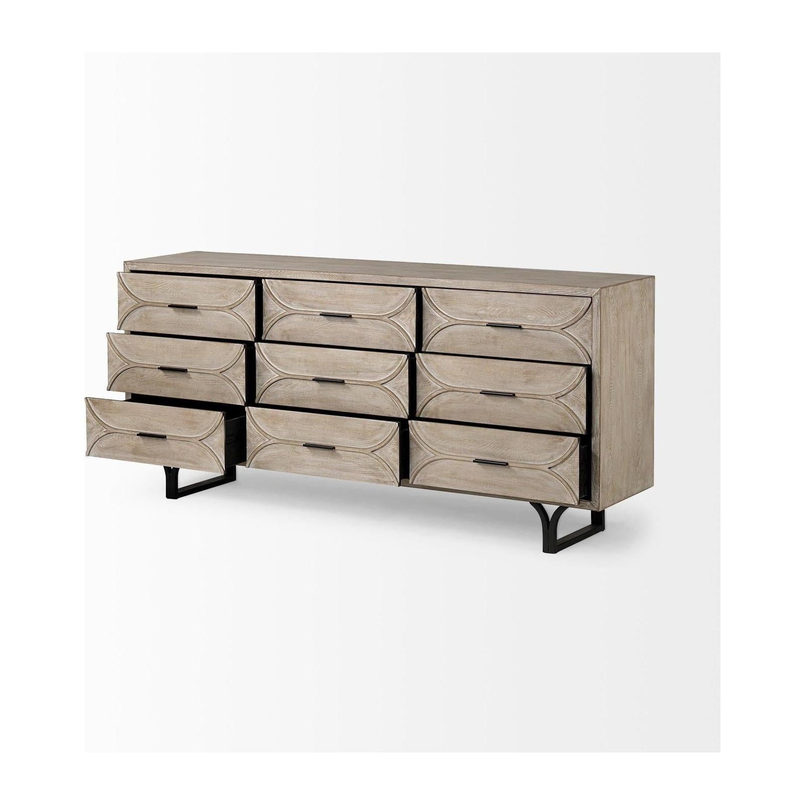 Mercana Giselle Brown Fir Veneer W/Black Metal Leg 9 Drawer Sideboard Clearance