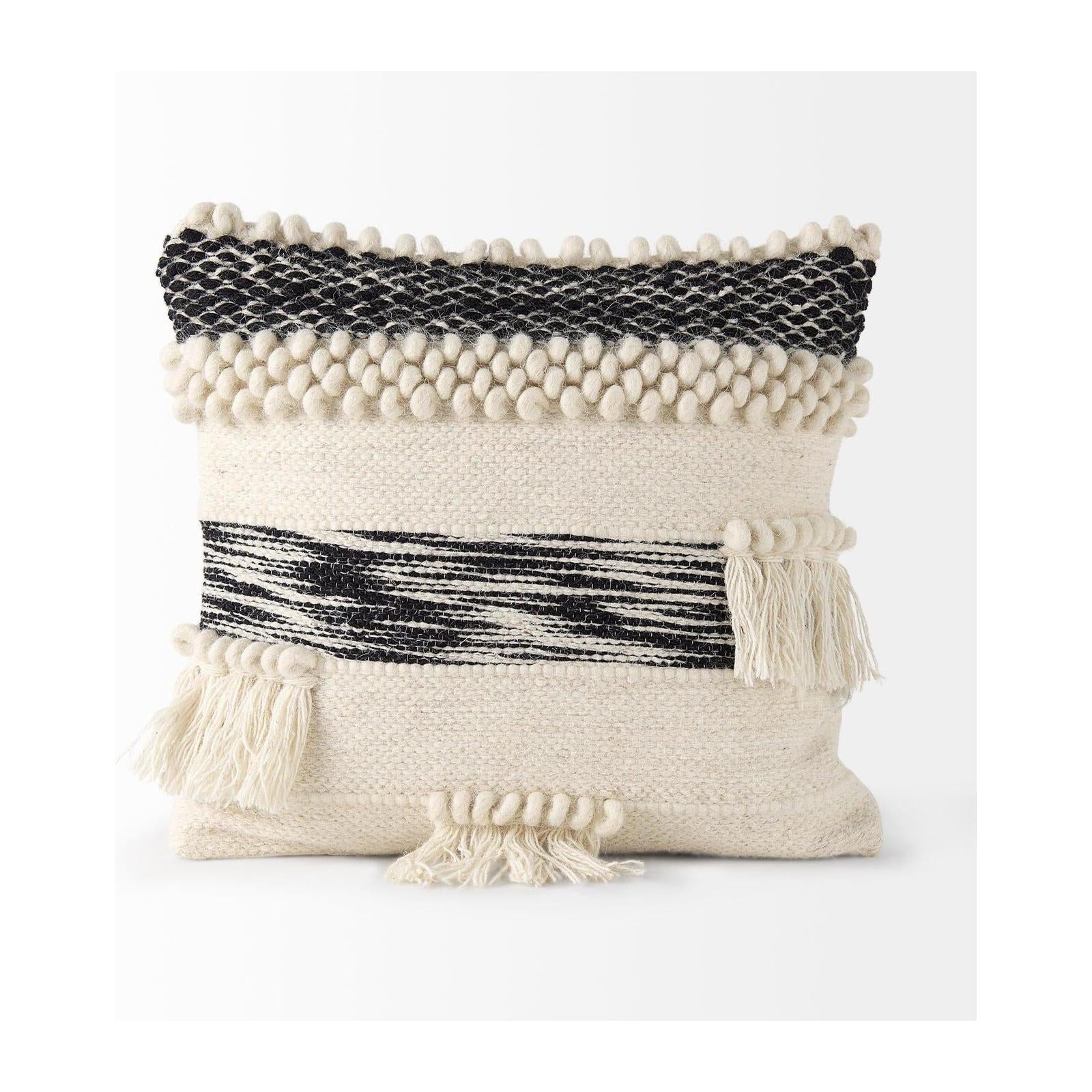 Mercana Beardell 18 x 18 Cream And Black Details With Tassels Decorative Pillow Cover Clearance