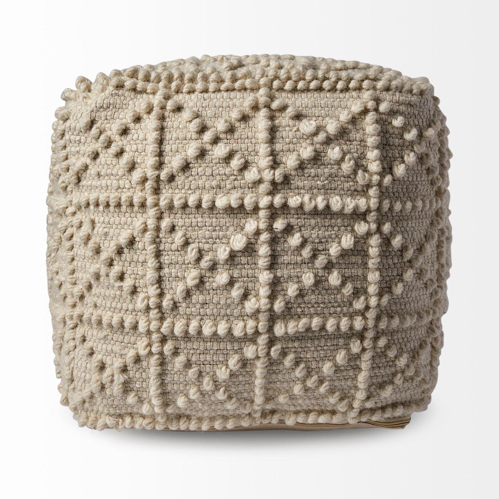 Mercana Leroy Square Cream Wool Pouf w/ Popcorn Detail