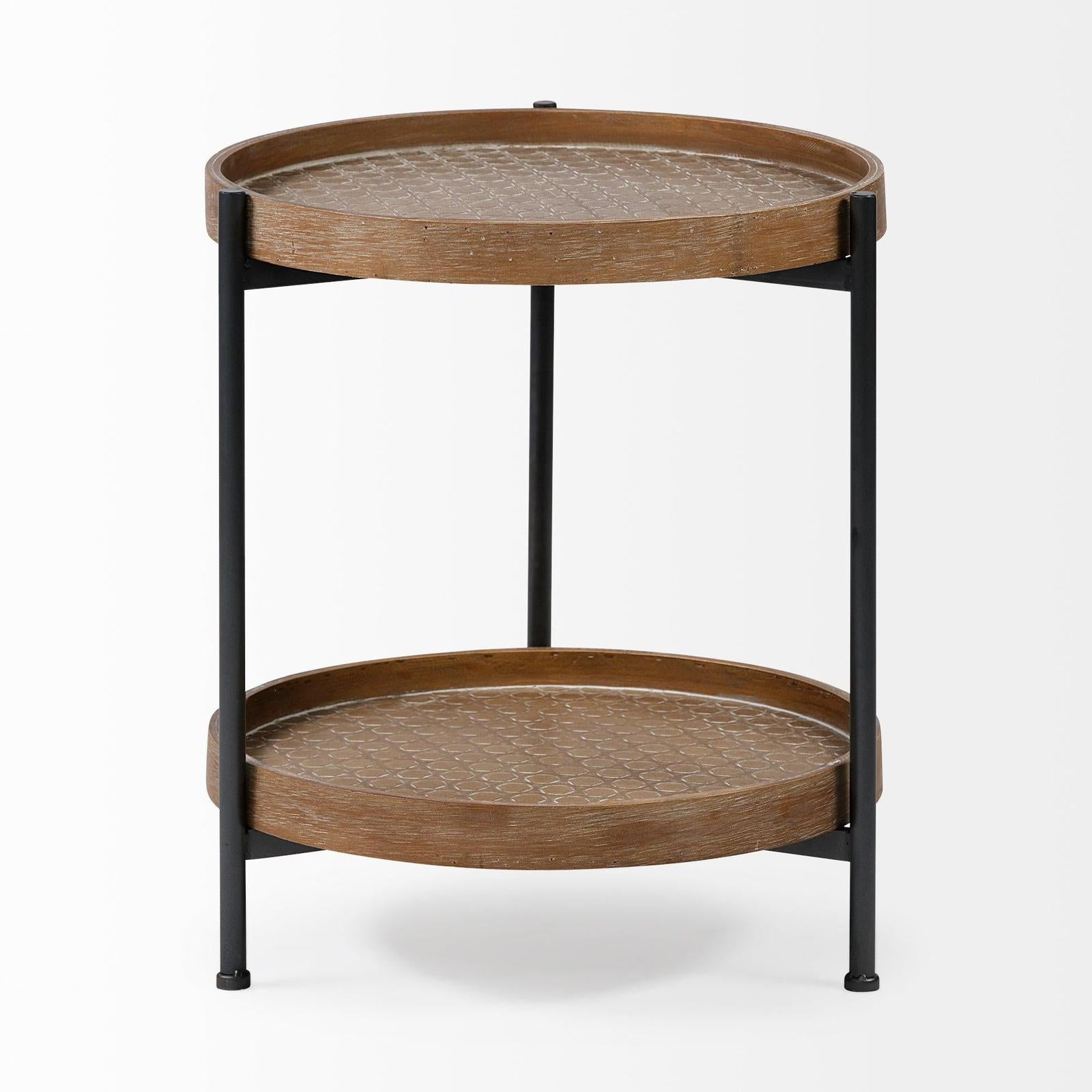 Mercana Kade Round Top Natural Brown Wood and Gray Metal Frame Tray-Style End/Side Table Clearance