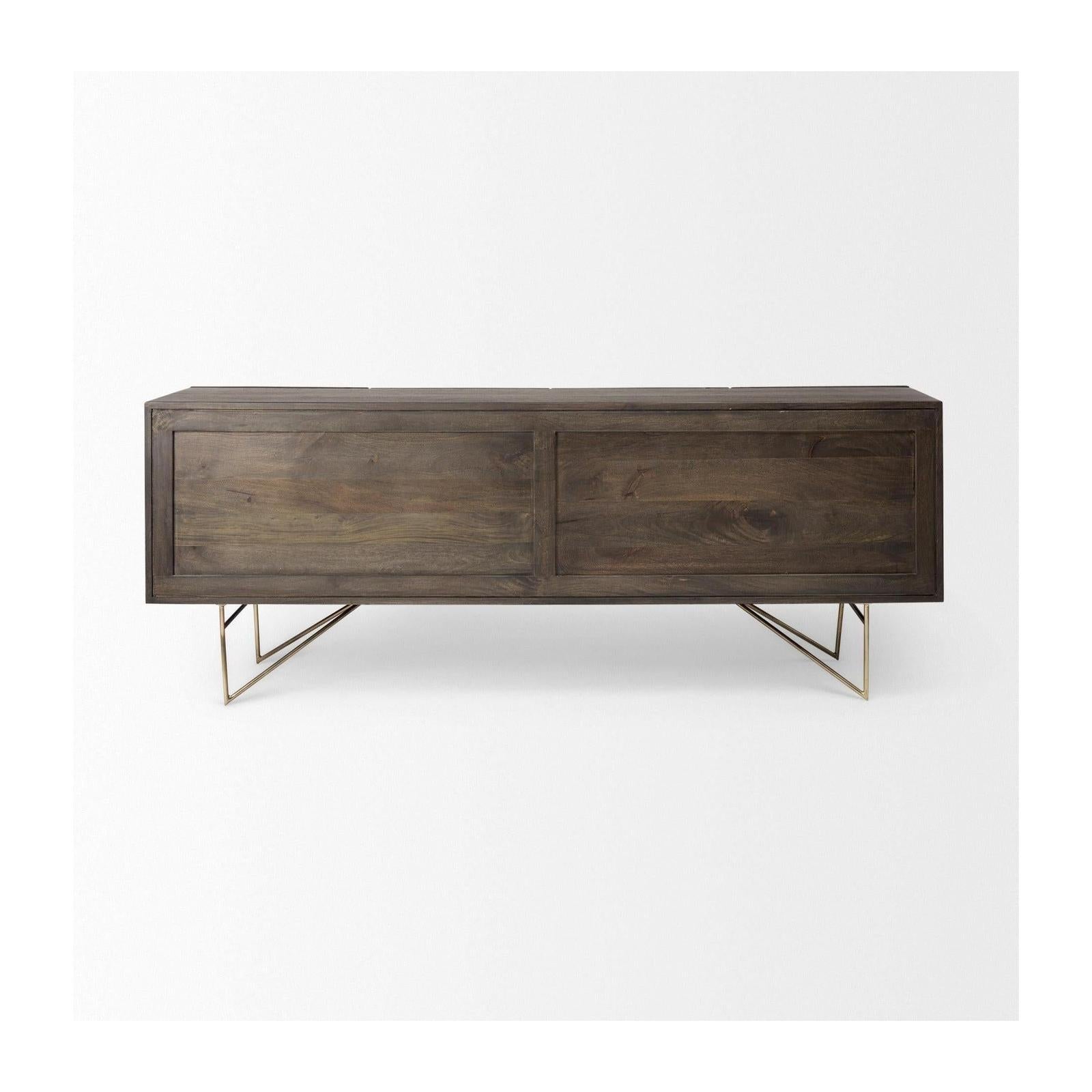 Mercana Darwin Brown Solid Wood Gold Metal Base 4 Cabinet Door Sideboard