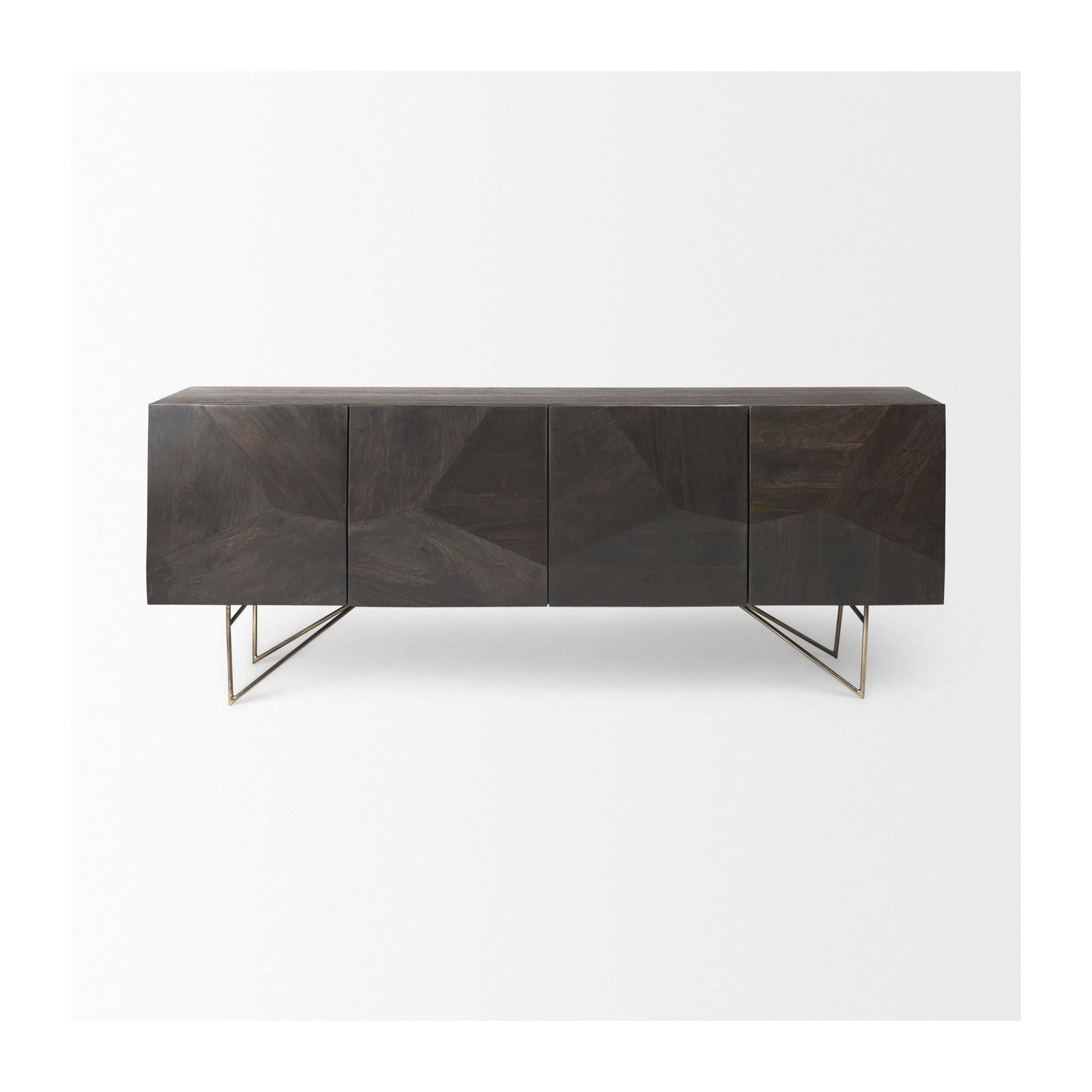Mercana Darwin Brown Solid Wood Gold Metal Base 4 Cabinet Door Sideboard