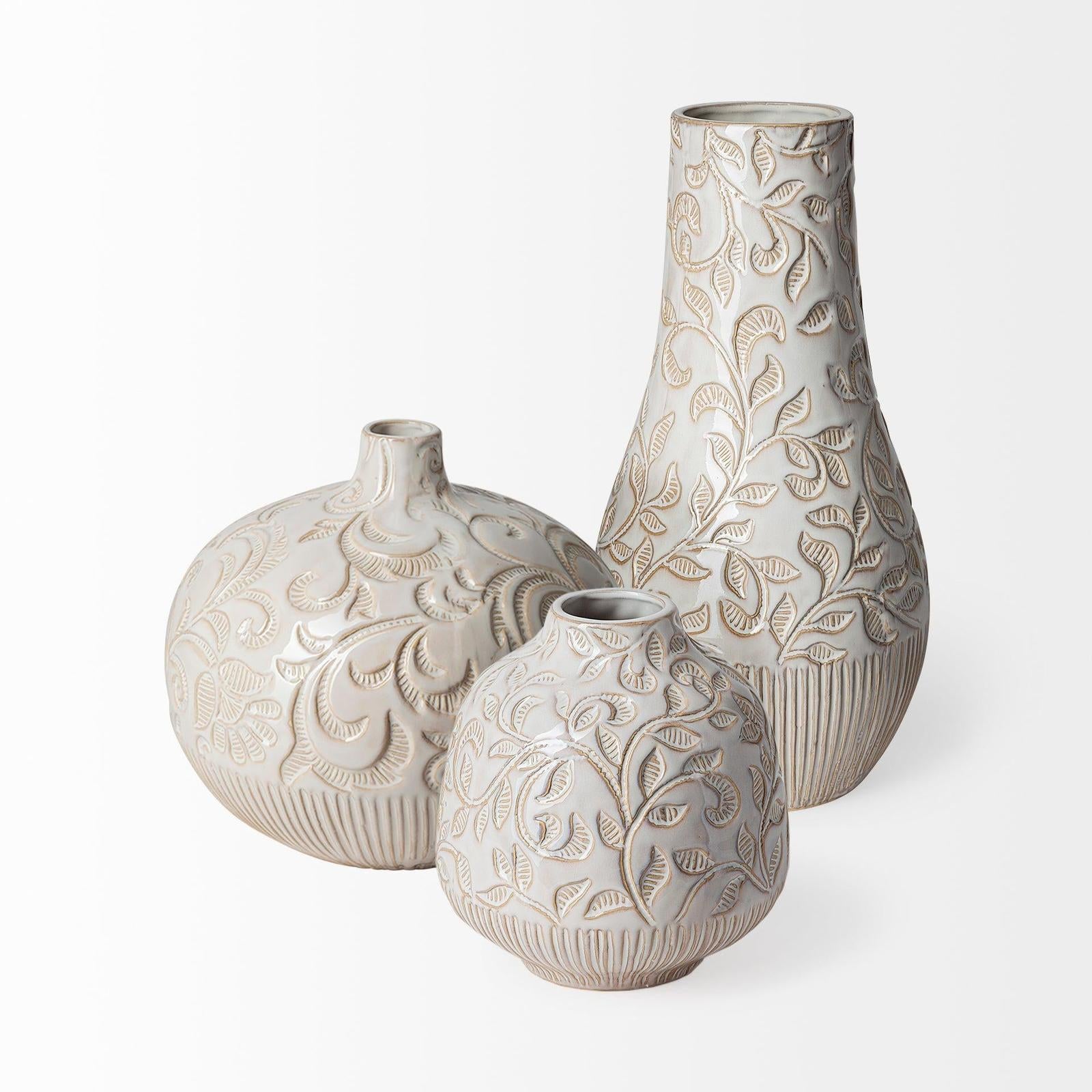 Mercana Jadiza Medium White Glaze Floral Pattern Vase