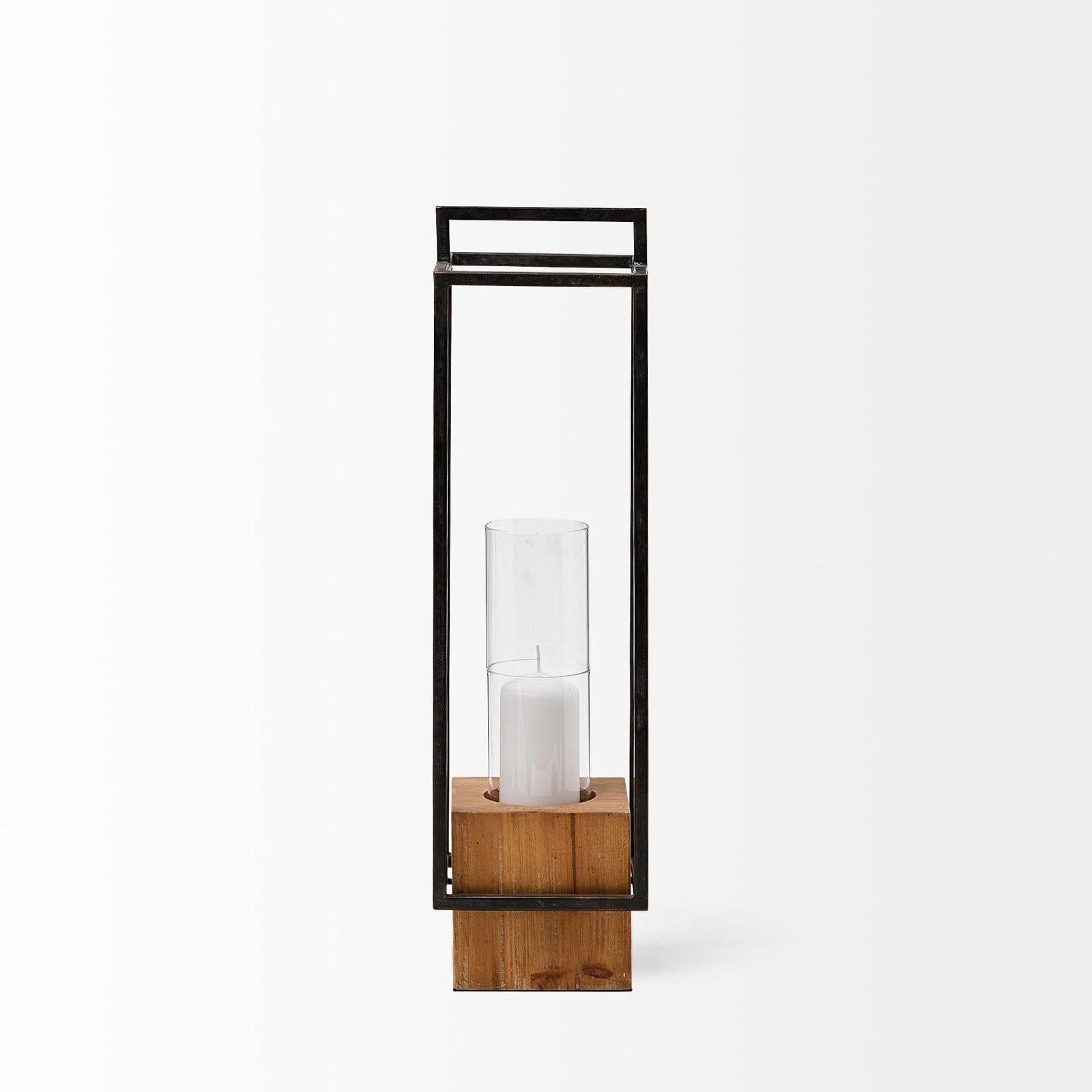 Mercana Orionis Wood w/ Black Metal Lantern Candle Holder