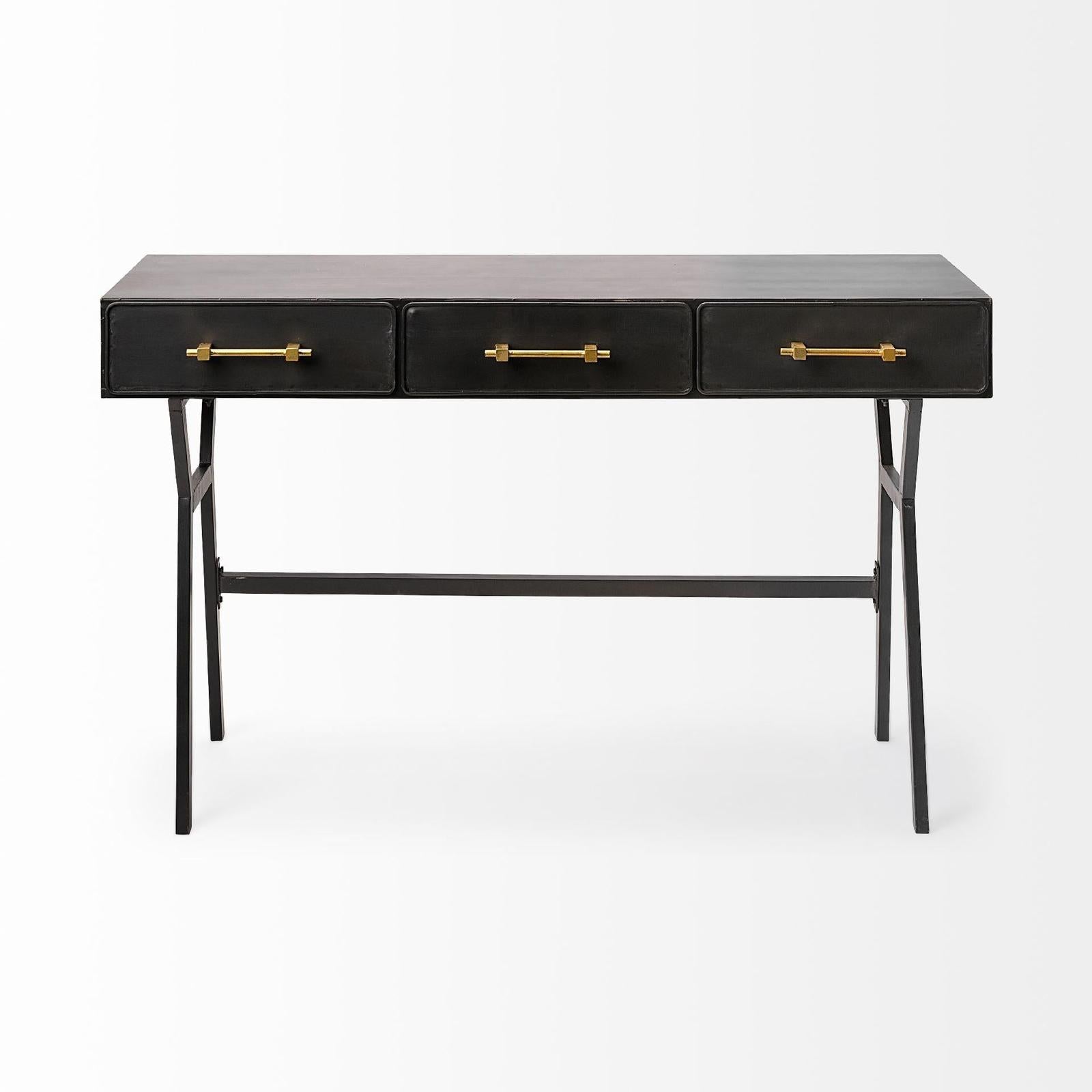 Mercana Vince Black Metal W/Gold Accents 3 Drawer Office Desk