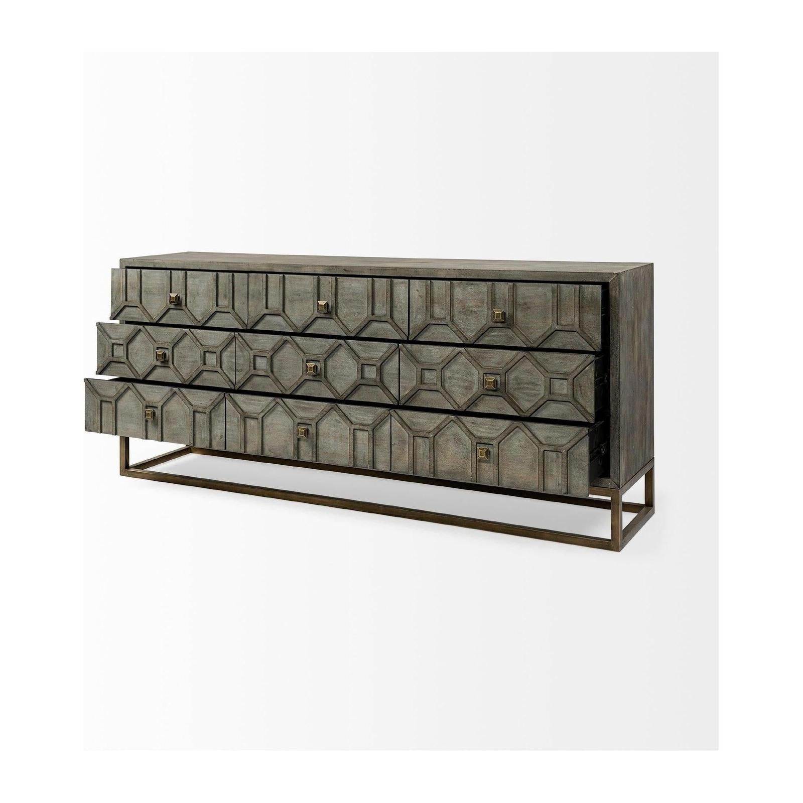 Mercana Genevieve Gray Fir Veneer W/Gold Metal Frame Base 9 Drawer Sideboard Clearance