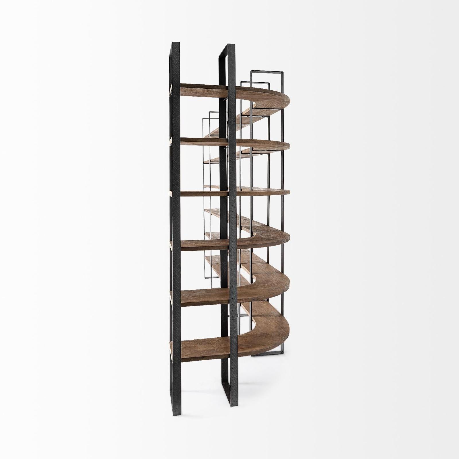 Mercana Turner Curved Wood and Black Iron Six Shelving Unit