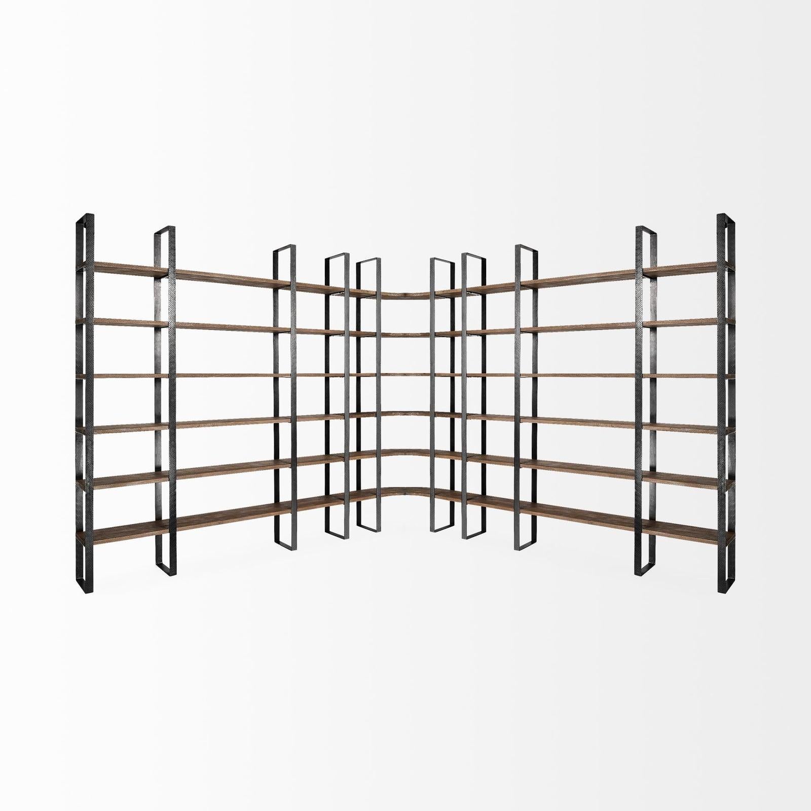 Mercana Turner Curved Wood and Black Iron Six Shelving Unit