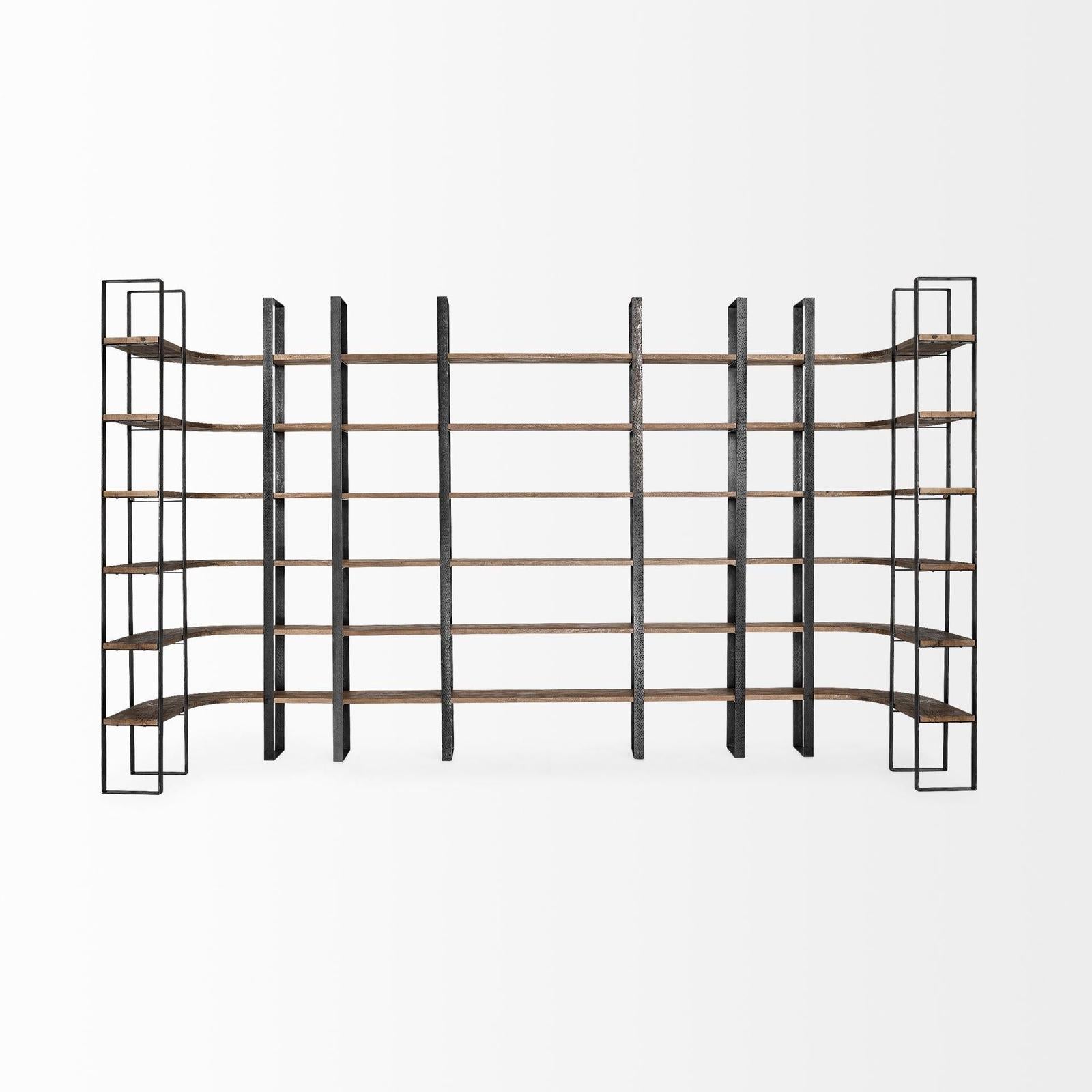 Mercana Turner Curved Wood and Black Iron Six Shelving Unit