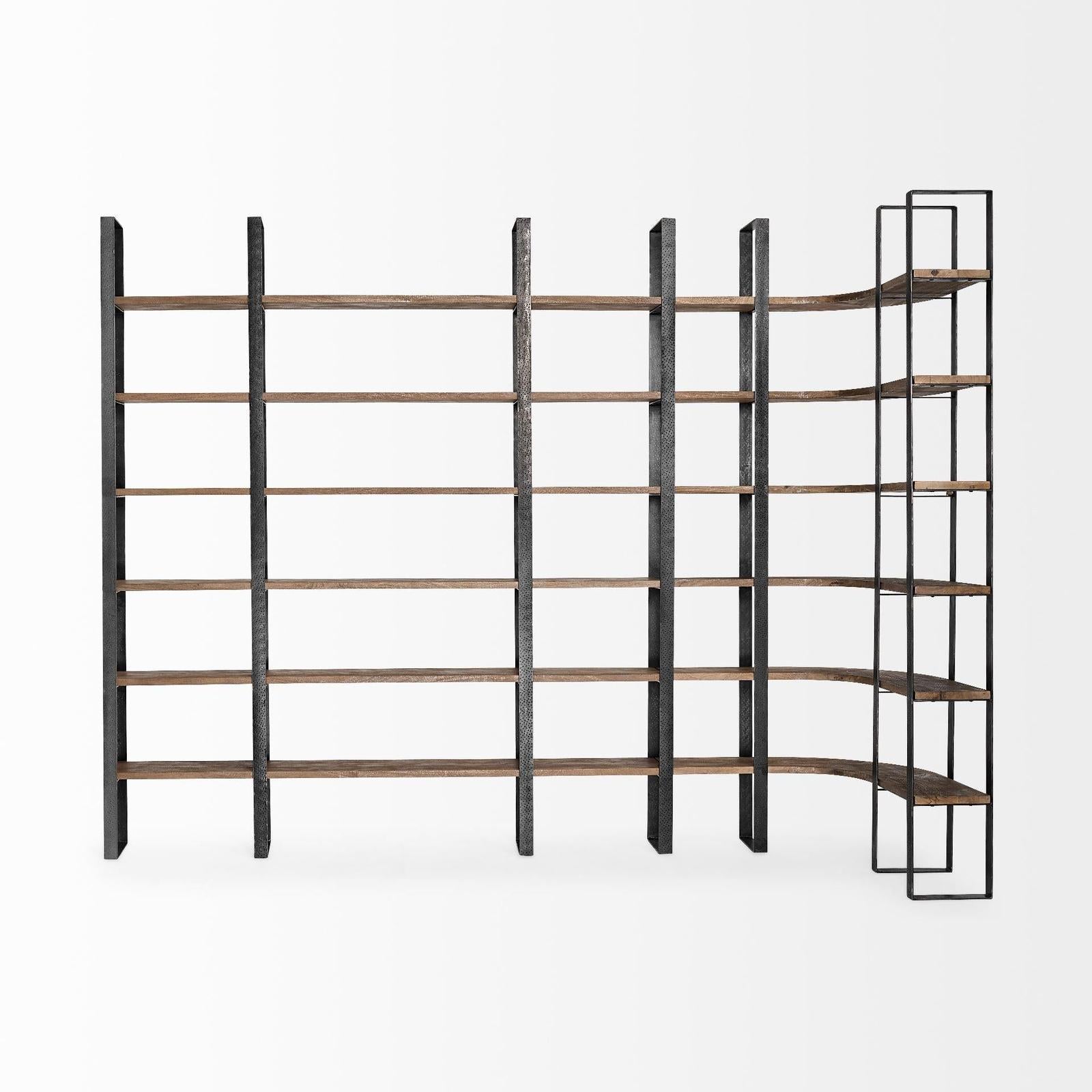 Mercana Turner Curved Wood and Black Iron Six Shelving Unit