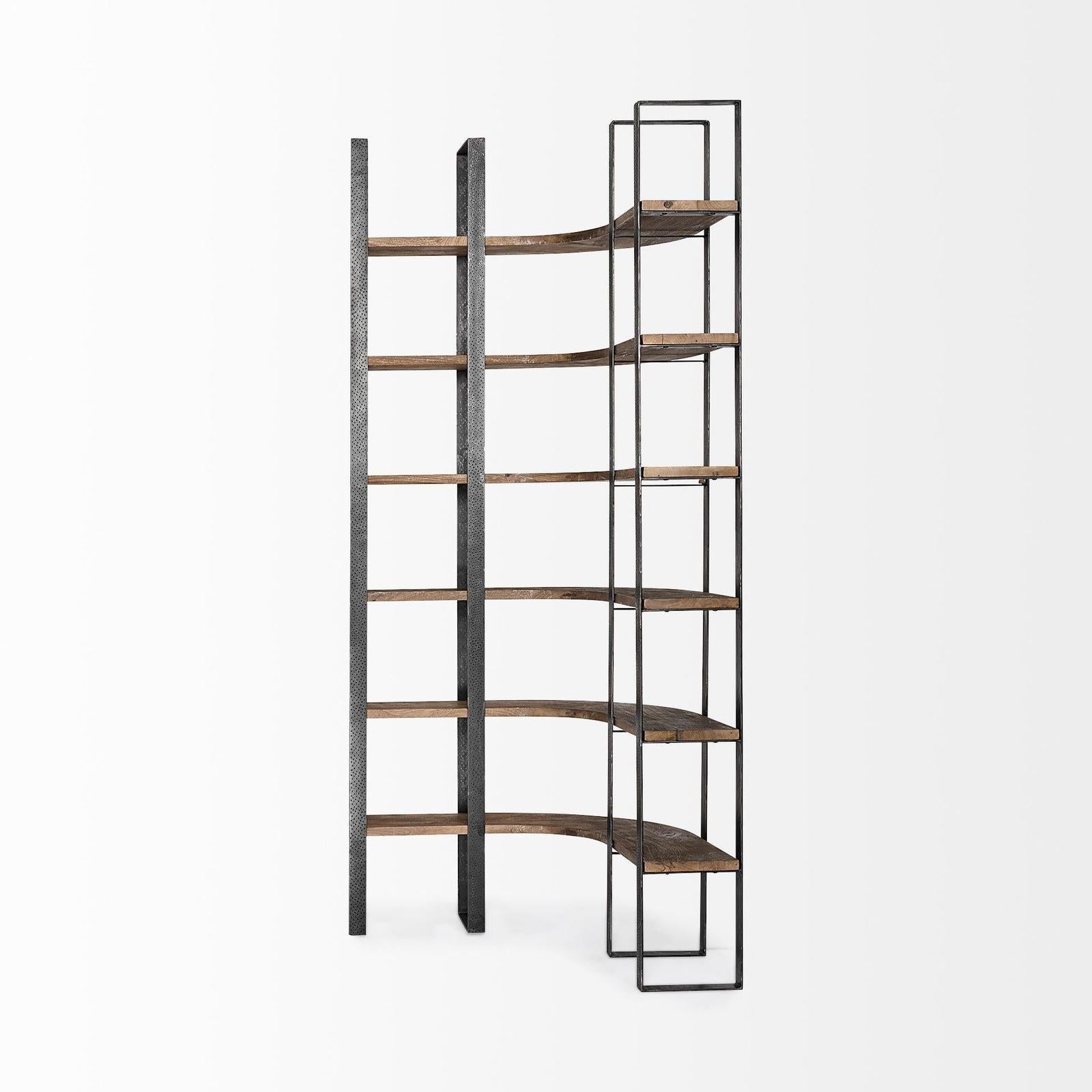 Mercana Turner Curved Wood and Black Iron Six Shelving Unit