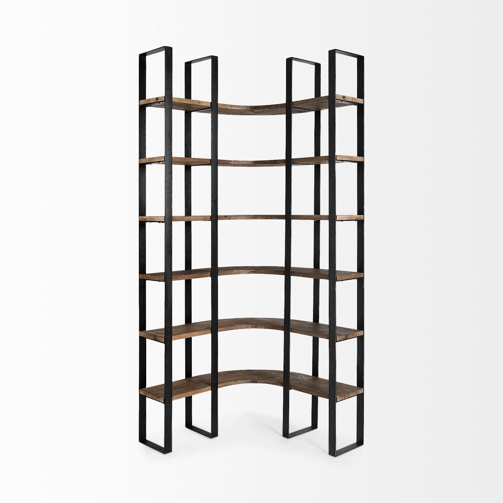 Mercana Turner Curved Wood and Black Iron Six Shelving Unit