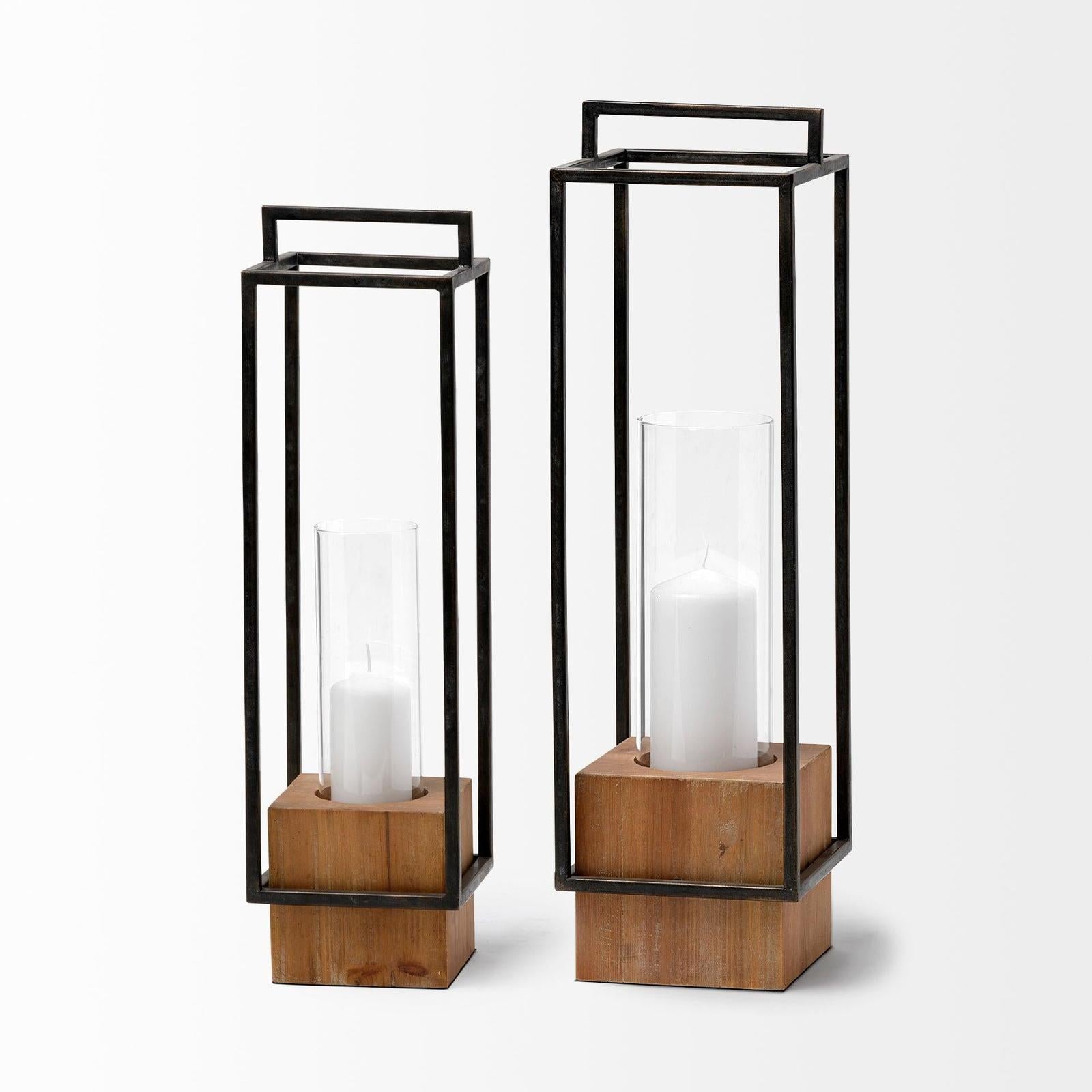 Mercana Orionis Wood w/ Black Metal Lantern Candle Holder