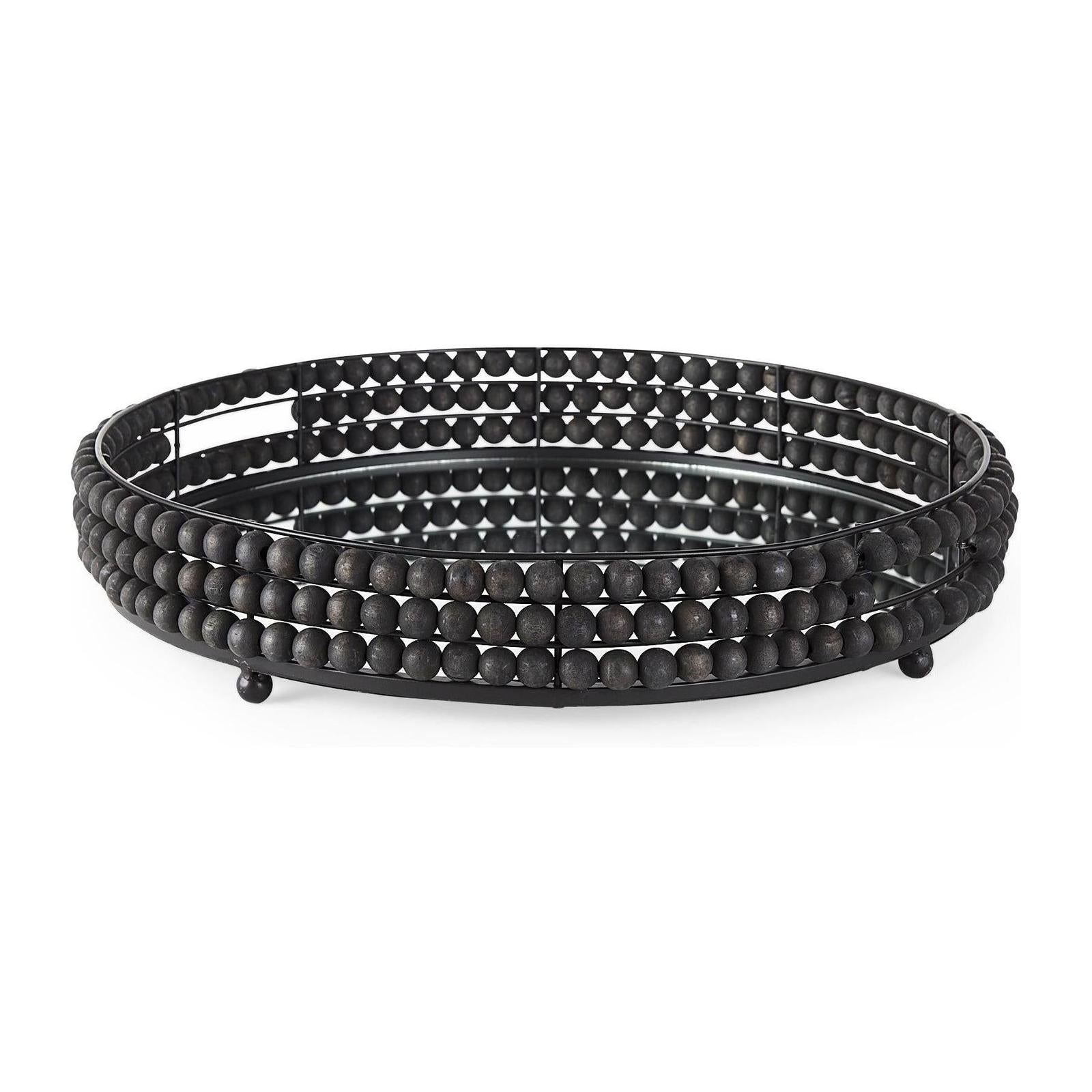 Mercana Decatur Wooden Bead Mirrored Bottom Round Tray Clearance
