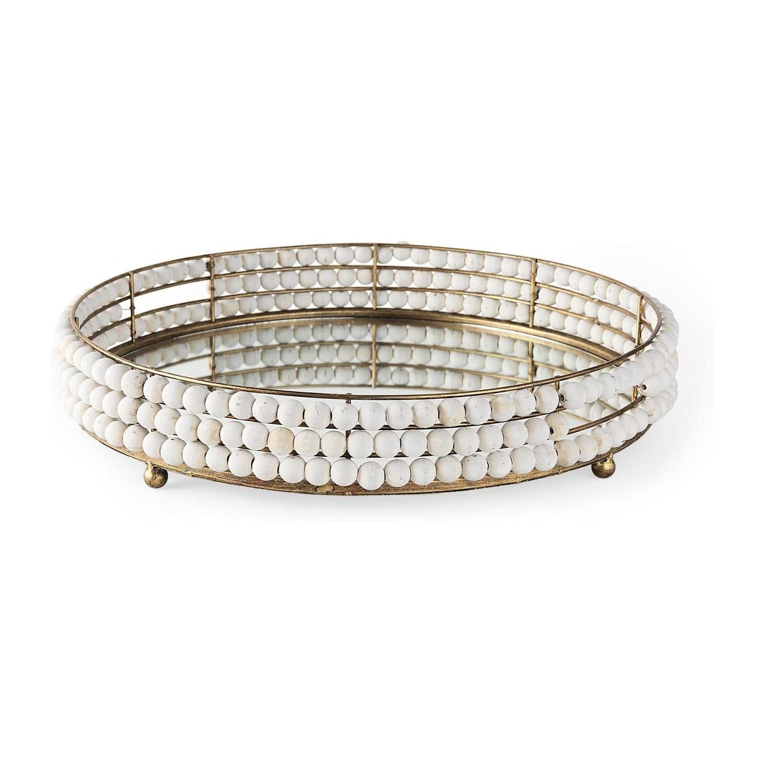 Mercana Decatur Wooden Bead Mirrored Bottom Round Tray Clearance