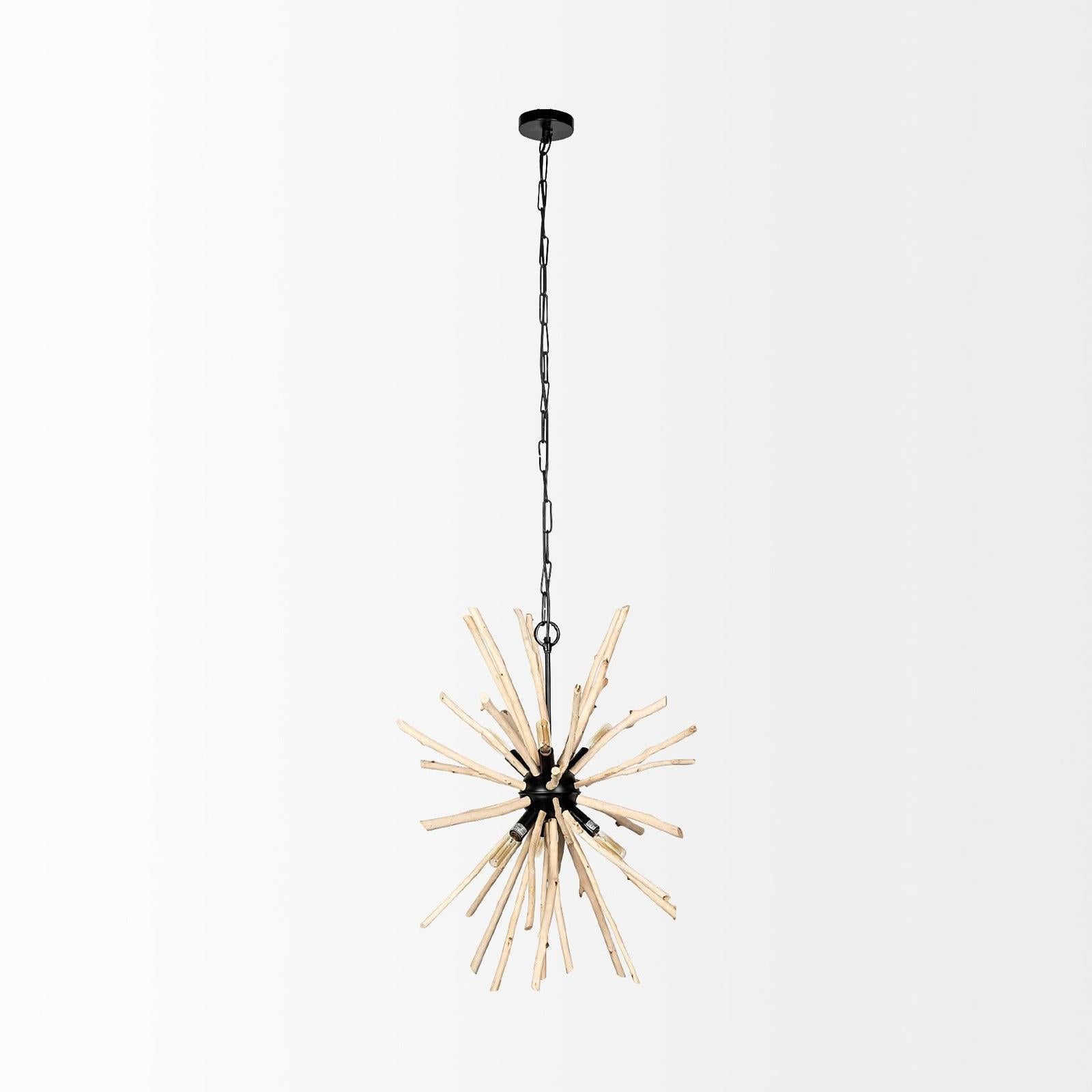 Mercana Jules Blonde Wood and Black Metal Six Bulb Chandelier Light Clearance