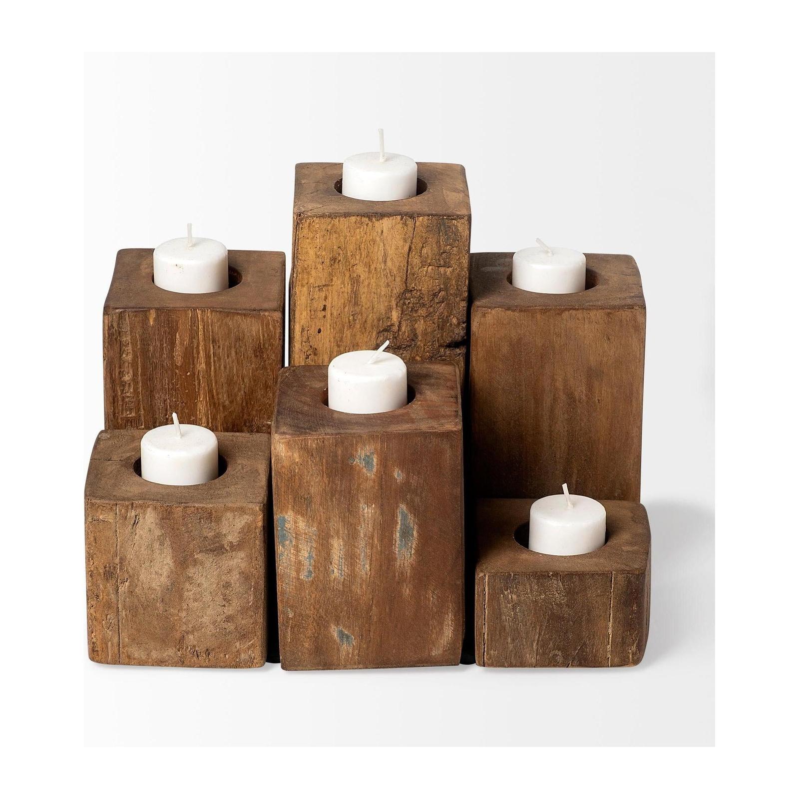 Mercana Cassius Light Brown Nine Wood Block Table Candle Holder